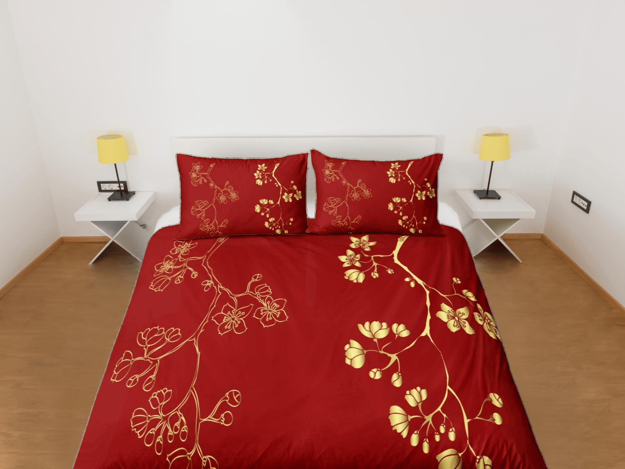 daintyduvet Golden Floral Red Duvet Cover Set Bedspread, Dorm Bedding with Pillowcase