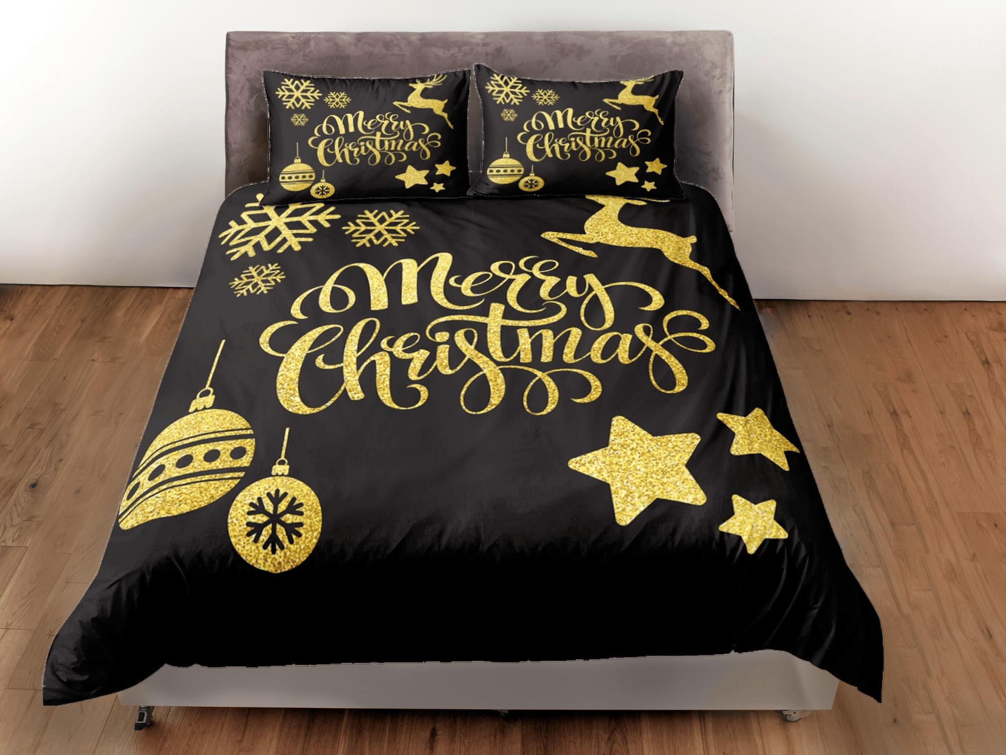 daintyduvet Golden Merry Christmas bedding & pillowcase holiday gift black duvet cover king queen twin toddler bedding baby Christmas farmhouse decor