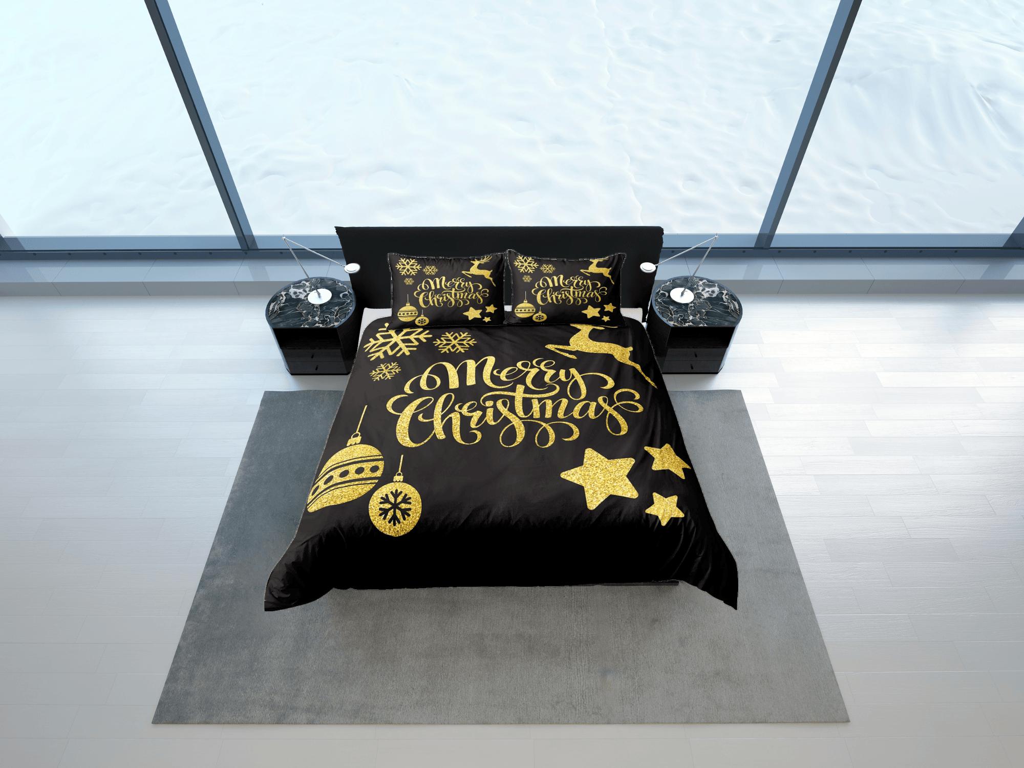 daintyduvet Golden Merry Christmas bedding & pillowcase holiday gift black duvet cover king queen twin toddler bedding baby Christmas farmhouse decor