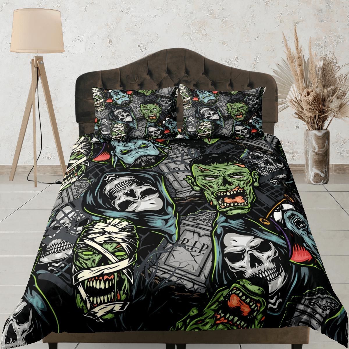 daintyduvet Gory horror zombie and skull faces halloween bedding & pillowcase, duvet cover, dorm bedding, goth decor toddler bedding, halloween gift