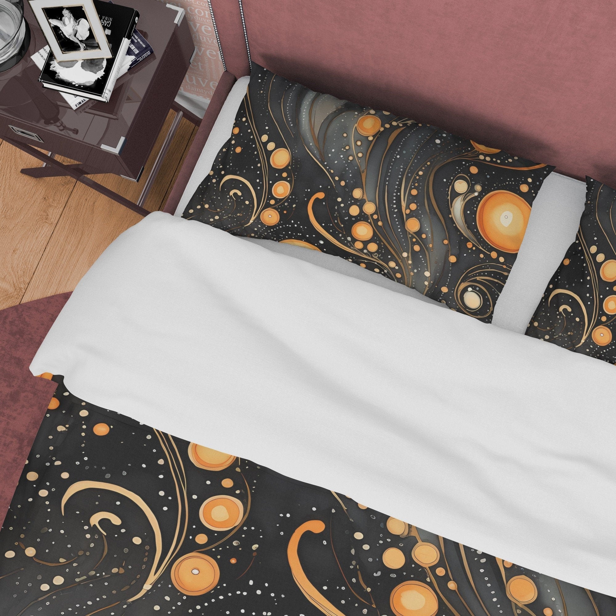 Goth Mystical Black Duvet Cover Set Orange Orbs, Aesthetic Bedding Quilt Cover Pillowcase, Halloween Room Decor, Black and Orange Bedspread