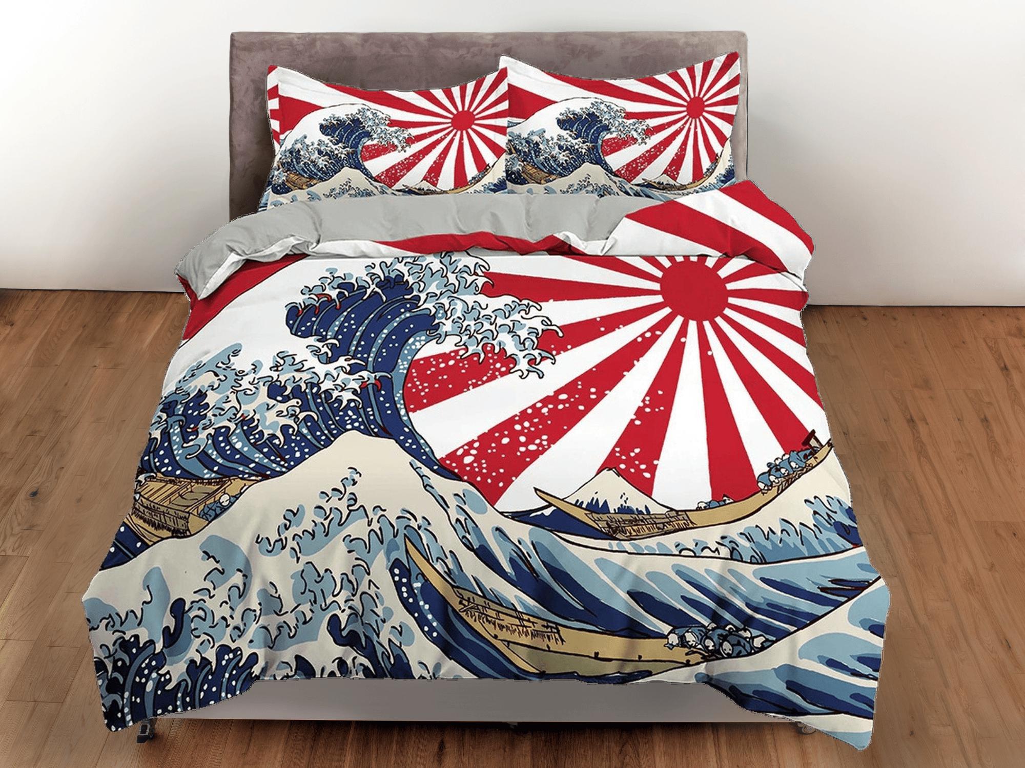 daintyduvet Great Wave Bedding, Japanese Bedding, Japan Old Flag, Oriental Bed Coverlet, Aesthetic Red Duvet Cover King Queen Full Twin Double Single