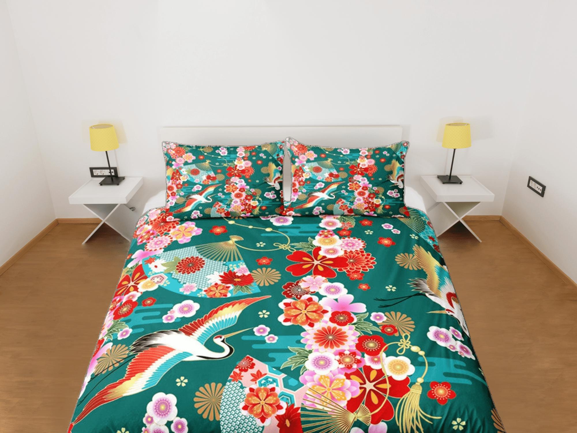 daintyduvet Green Bedding Japanese Crane Floral Duvet Cover Set Colorful Bedspread, Dorm Bedding with Pillowcase,