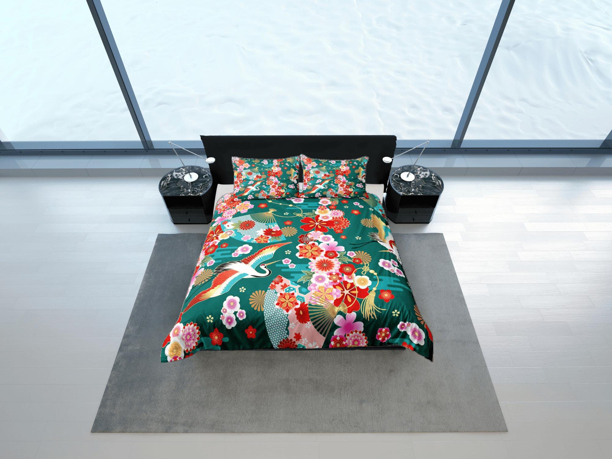 daintyduvet Green Bedding Japanese Crane Floral Duvet Cover Set Colorful Bedspread, Dorm Bedding with Pillowcase,