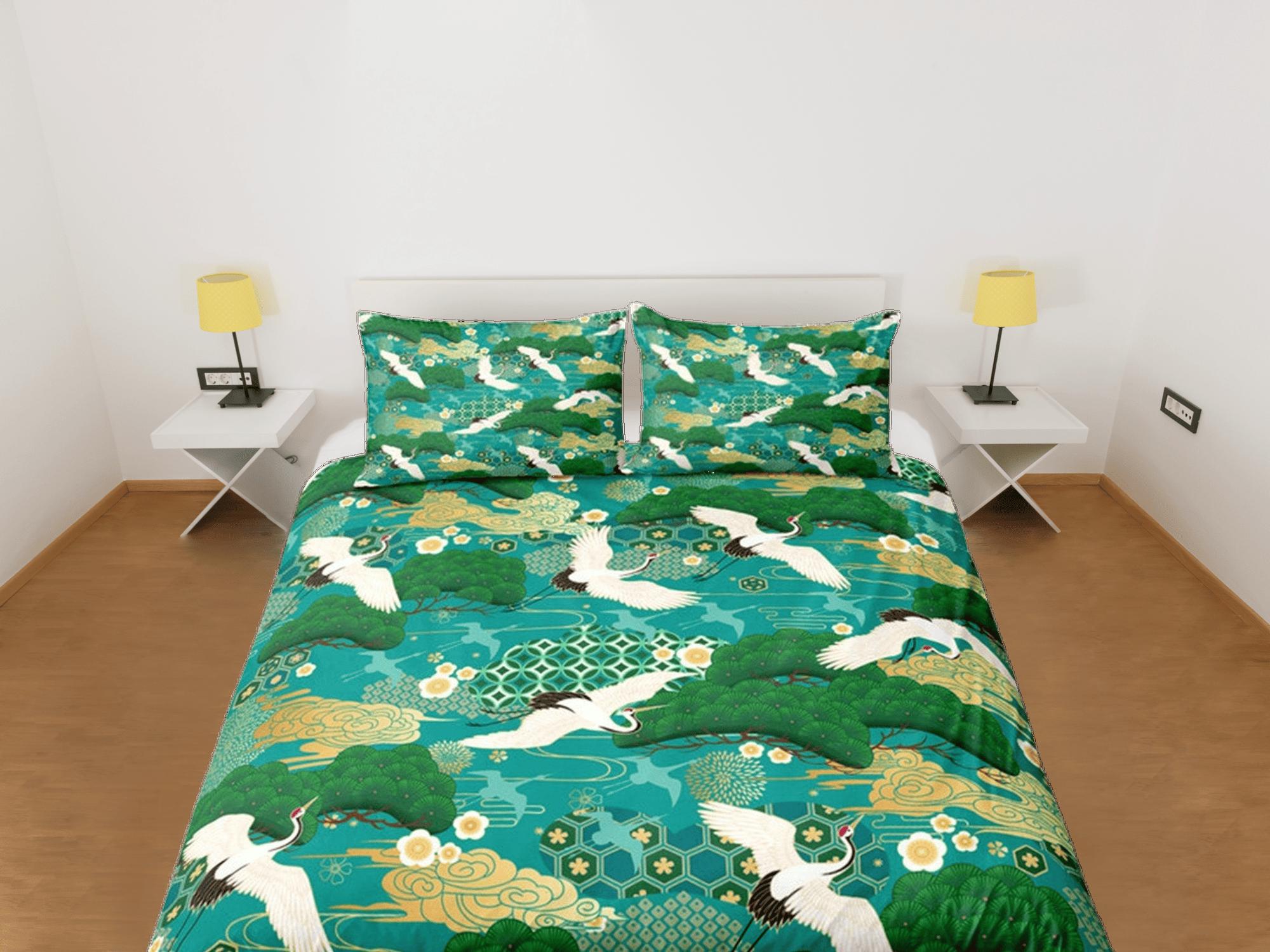 daintyduvet Green Duvet Cover Set Japanese Crane Bird Bedspread, Dorm Bedding with Pillowcase