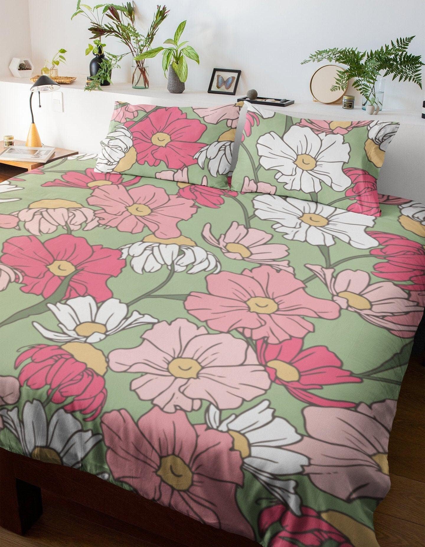 daintyduvet Green Duvet Cover Set Pink Floral Design | Dorm Bedding Set with Pillow Cover Case