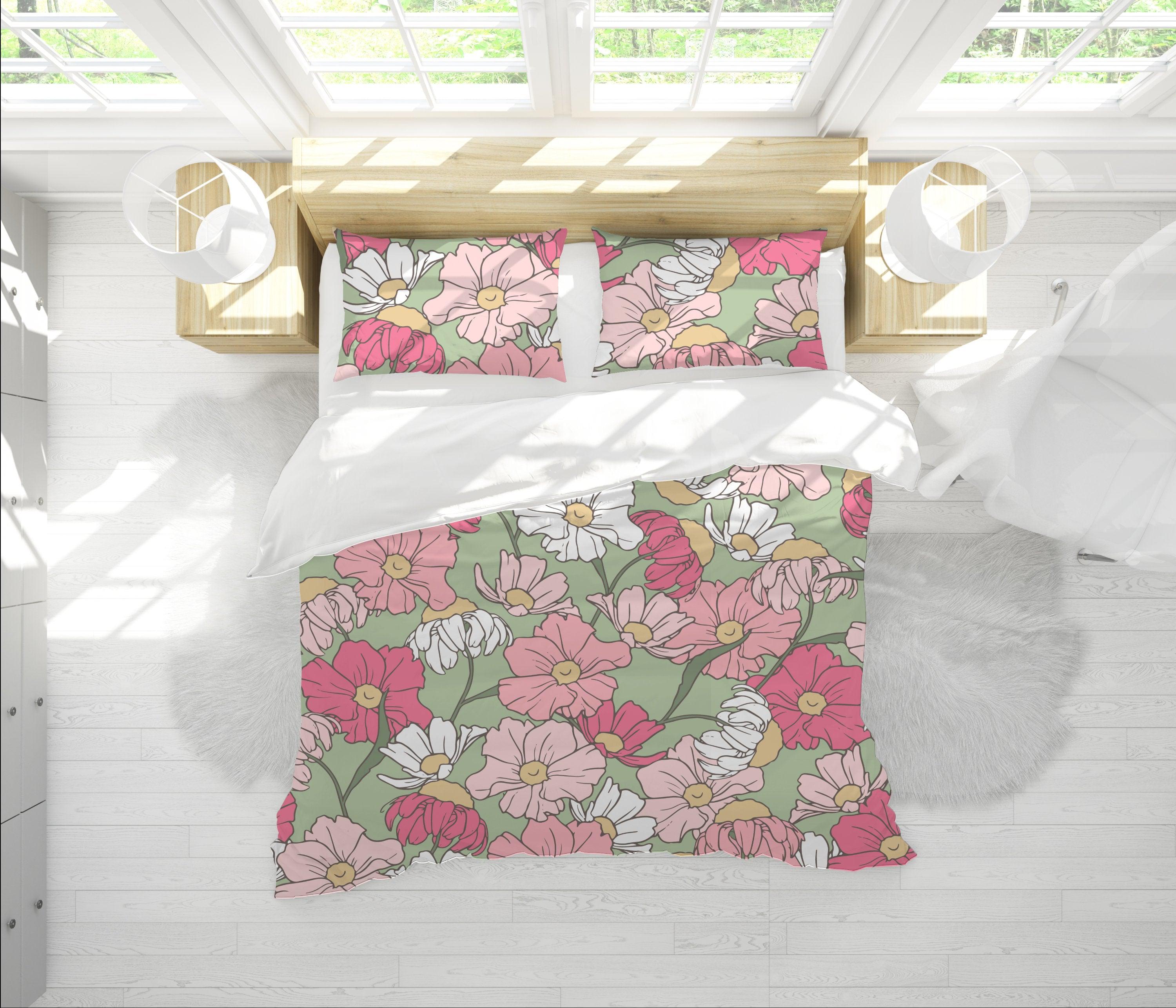 daintyduvet Green Duvet Cover Set Pink Floral Design | Dorm Bedding Set with Pillow Cover Case