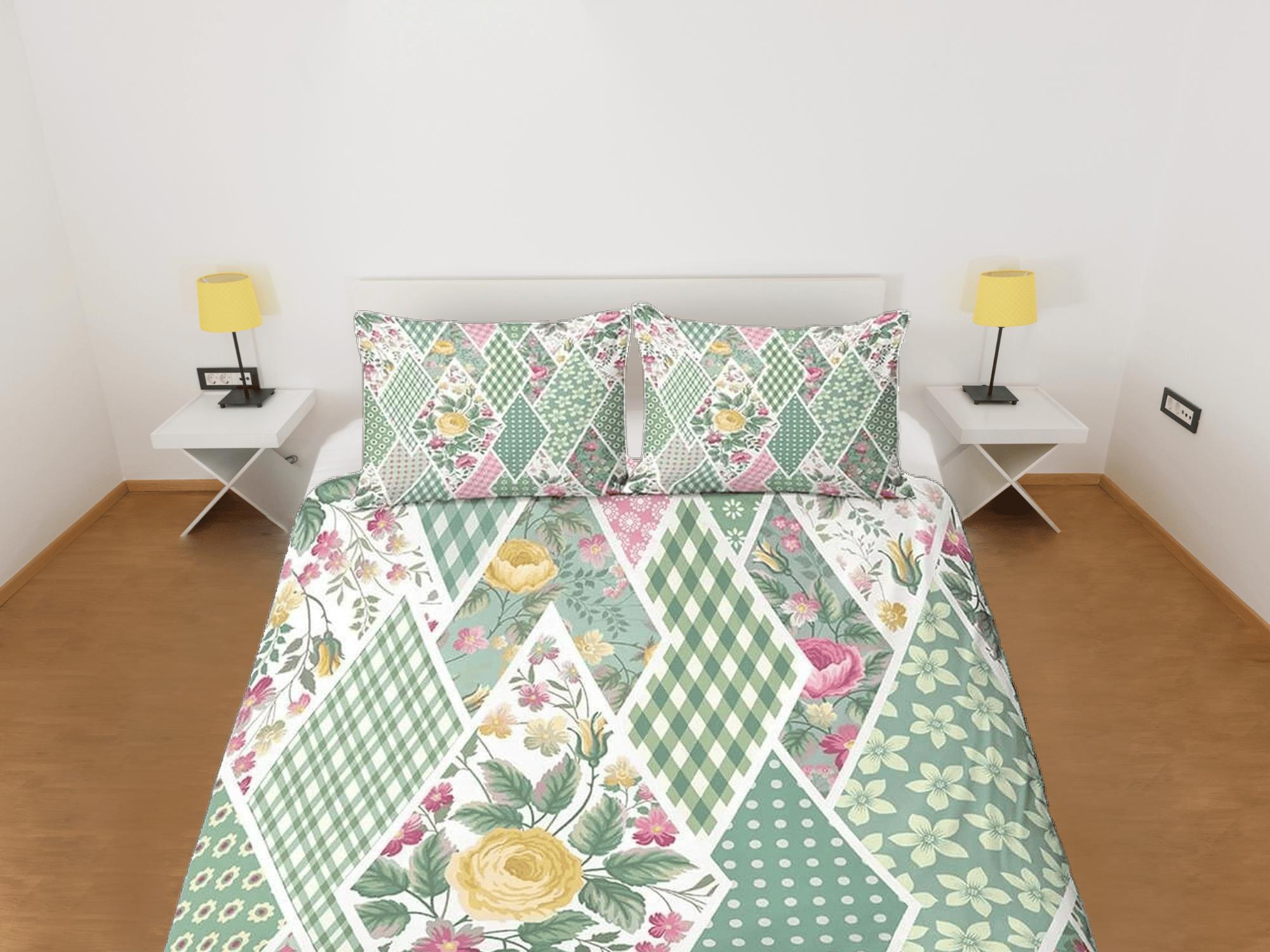 daintyduvet Green floral patchwork quilt printed duvet cover set, aesthetic room decor bedding set full, king, queen size, boho bedspread shabby chic