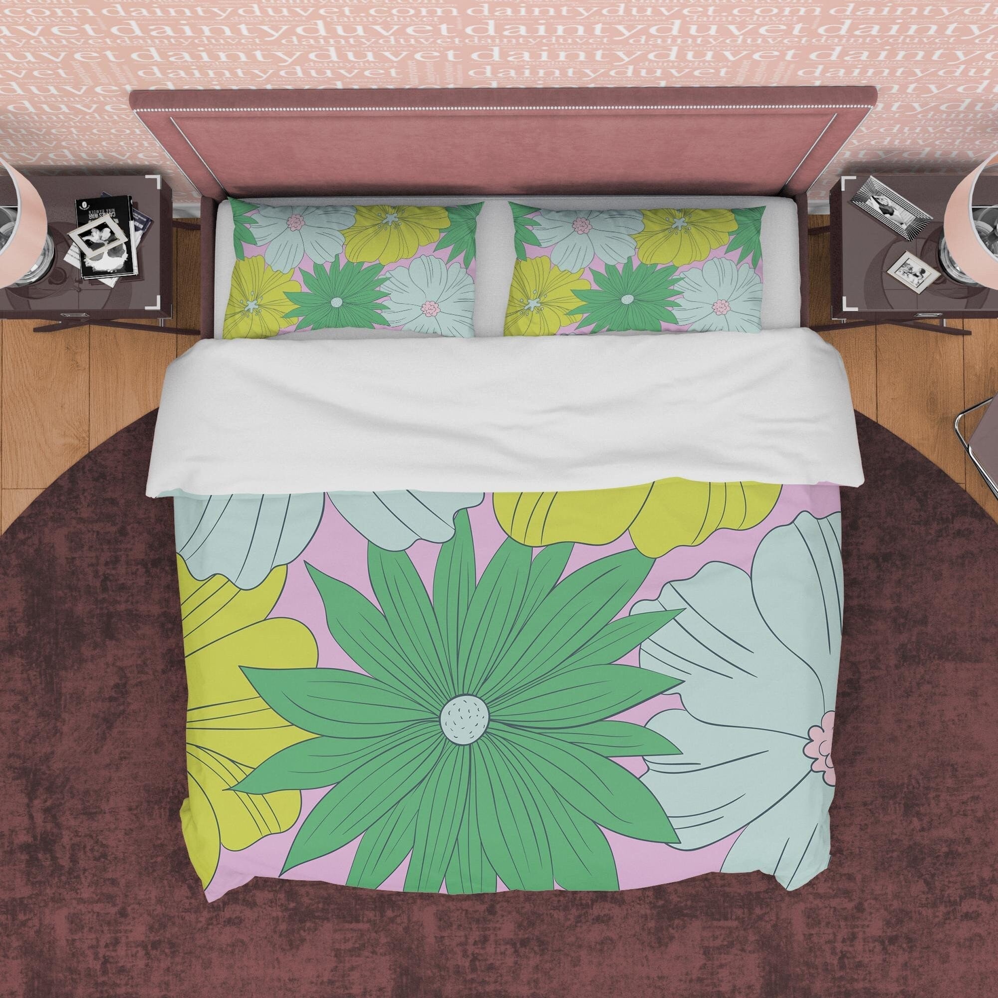 Green Flower Boho Bedding Colorful Duvet Cover Bohemian Bedroom Set, Bright Color Unique Room Decor Floral Quilt Cover, Aesthetic Bedspread,
