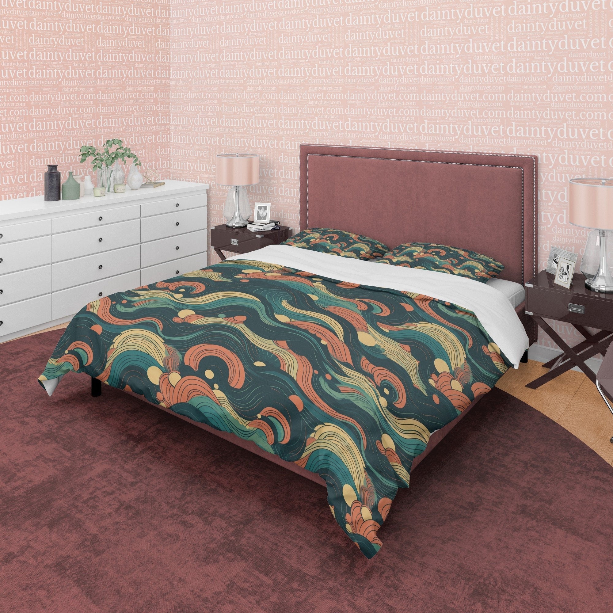 Green Wavy Pattern Retro Bedding Set, Abstract Design Duvet Cover, Boho Quilt Cover, Unique Bedspread, Nostalgic Bed Cover, Zipper Bedding