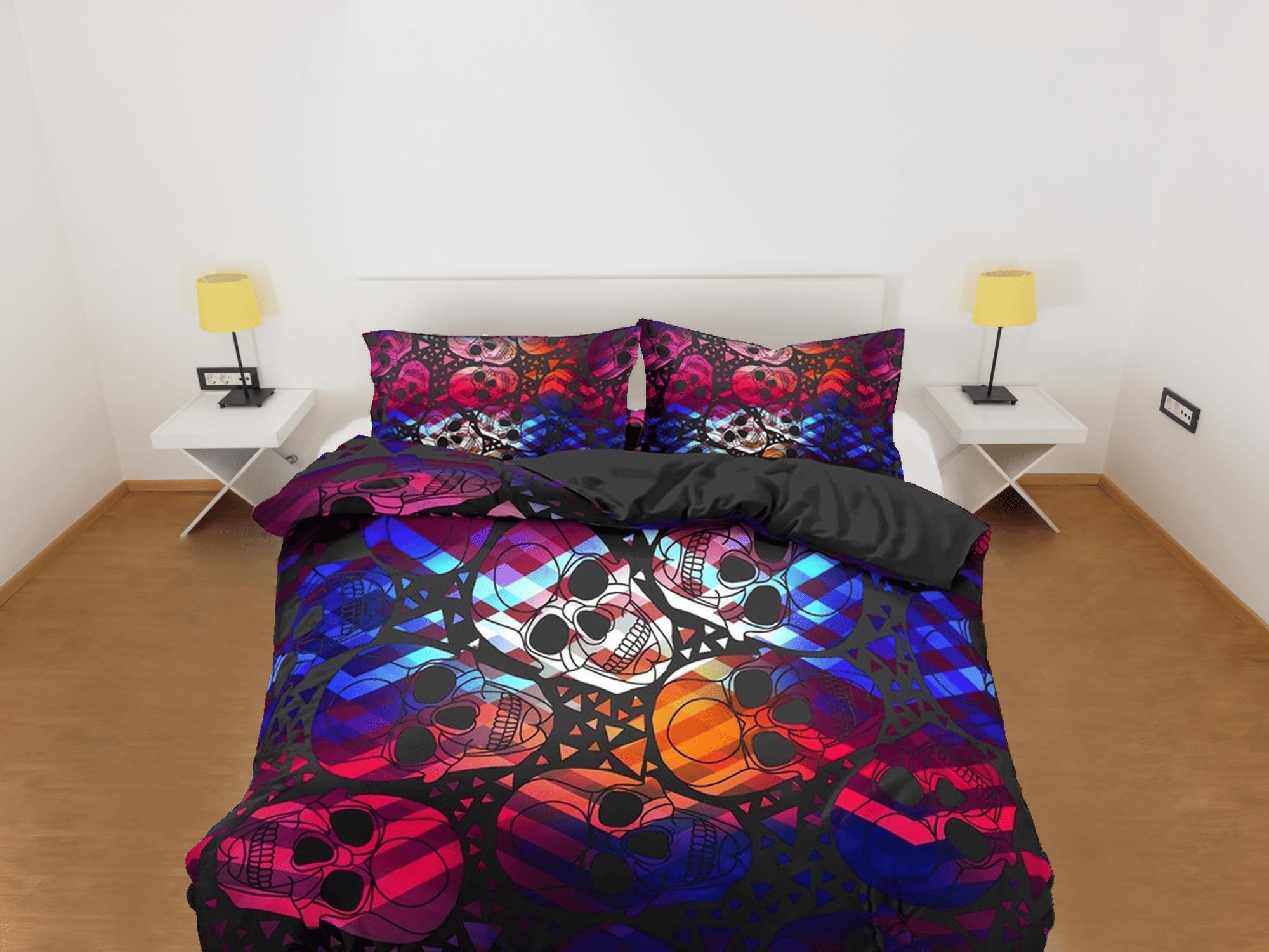 daintyduvet Halloween Bedding Colorful Skulls Black Duvet Cover Set Bedspread, Dorm Bedding with Pillowcase, Halloween Gift Teens Kids Adults