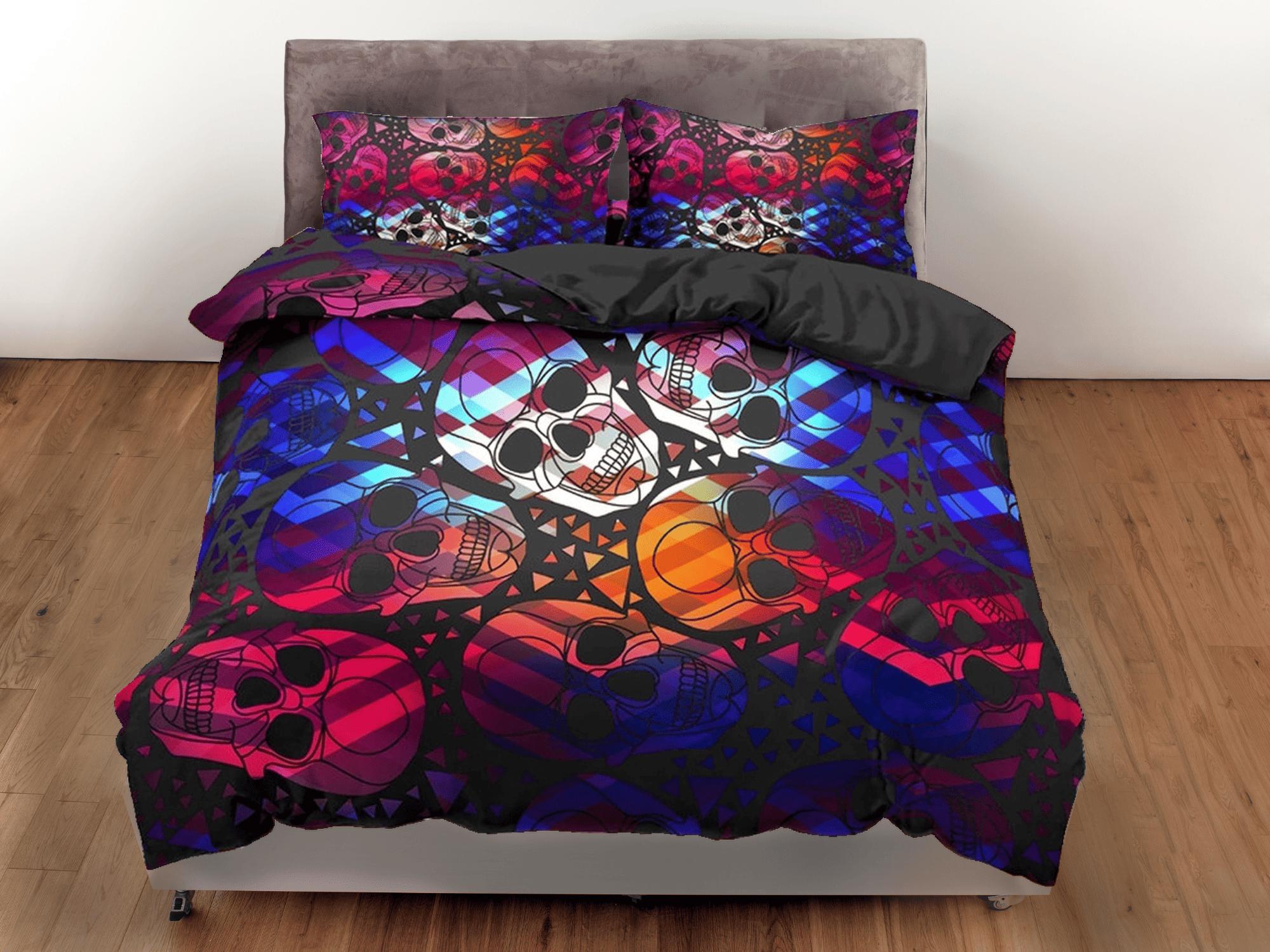 daintyduvet Halloween Bedding Colorful Skulls Black Duvet Cover Set Bedspread, Dorm Bedding with Pillowcase, Halloween Gift Teens Kids Adults