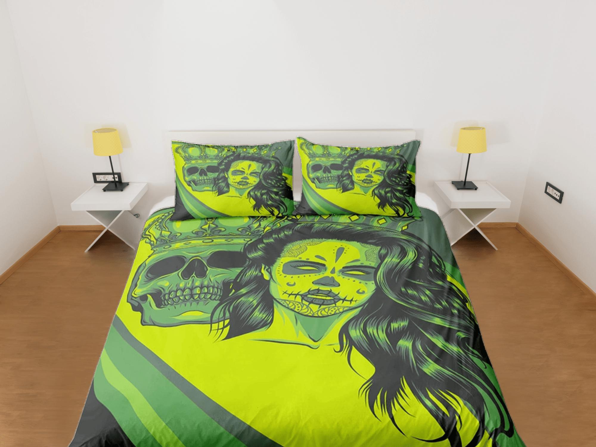 daintyduvet Halloween Bedding Gangster Skull Green Duvet Cover Set Bedspread, Dorm Bedding with Pillowcase, Halloween Gift Teens Kids Adults