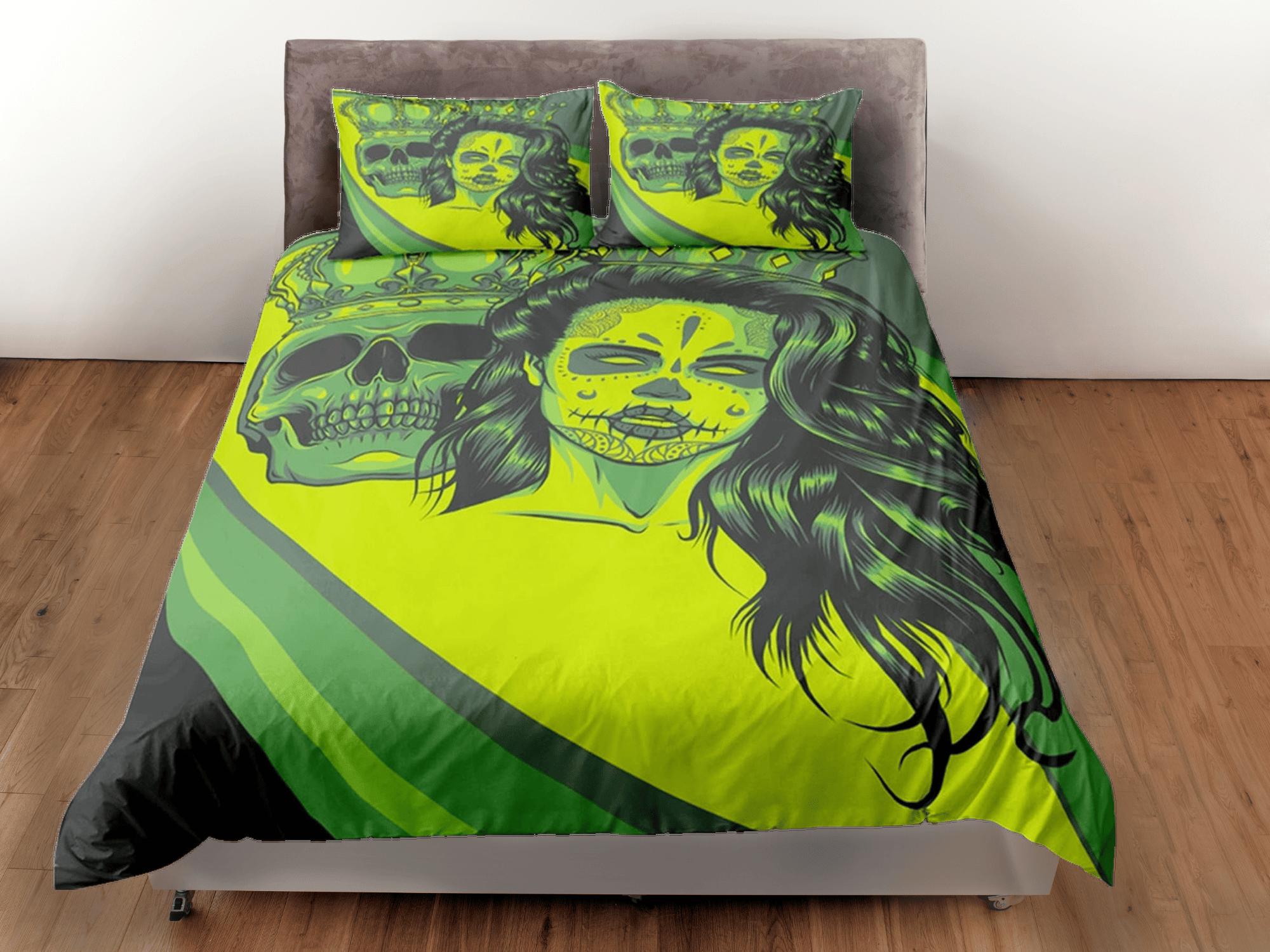 daintyduvet Halloween Bedding Gangster Skull Green Duvet Cover Set Bedspread, Dorm Bedding with Pillowcase, Halloween Gift Teens Kids Adults