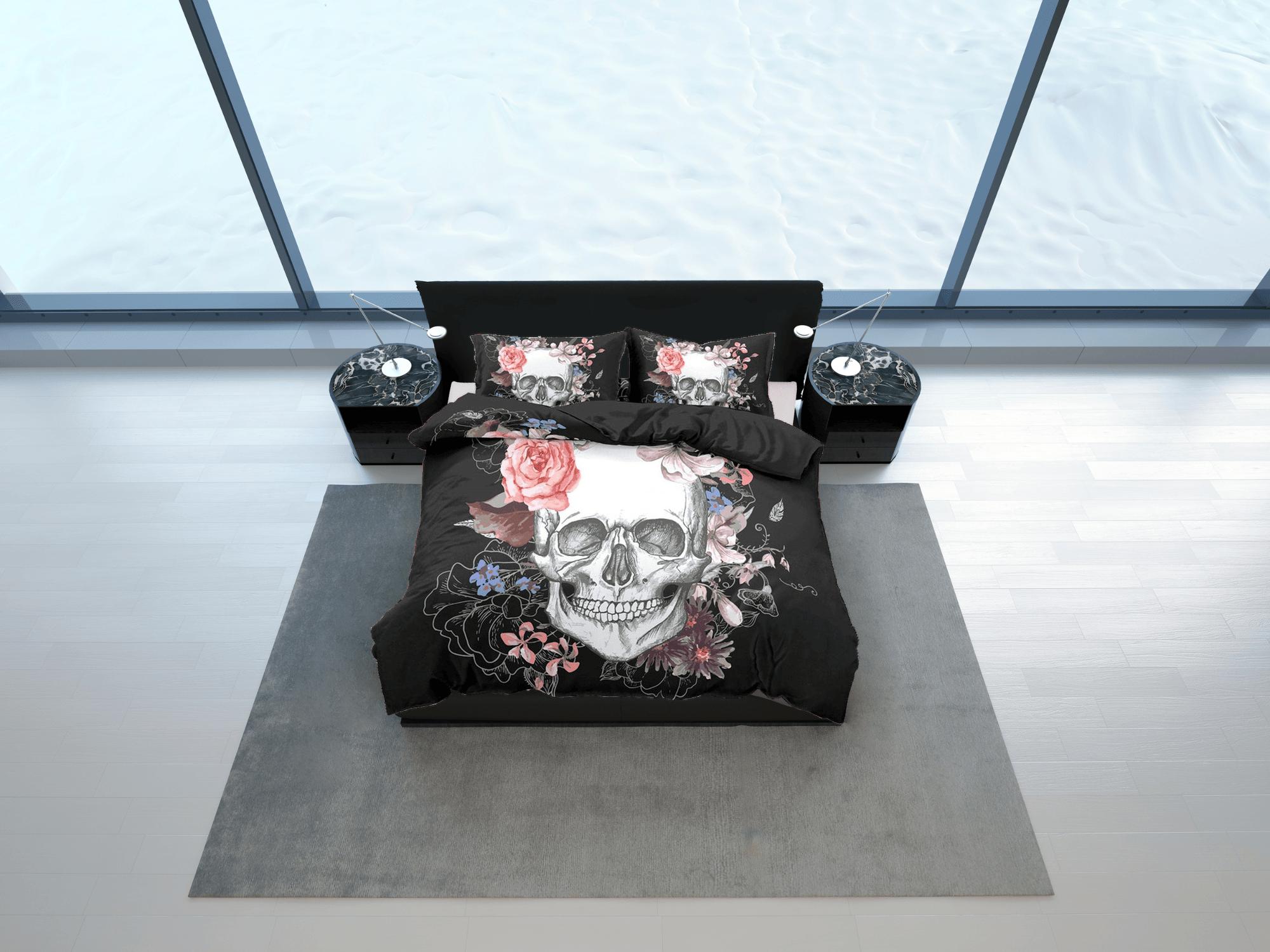 daintyduvet Halloween Bedding Skull and Roses Black Duvet Cover Set Floral Gothic Bedspread Dorm Bedding Pillowcase Comforter Cover, Halloween Gift