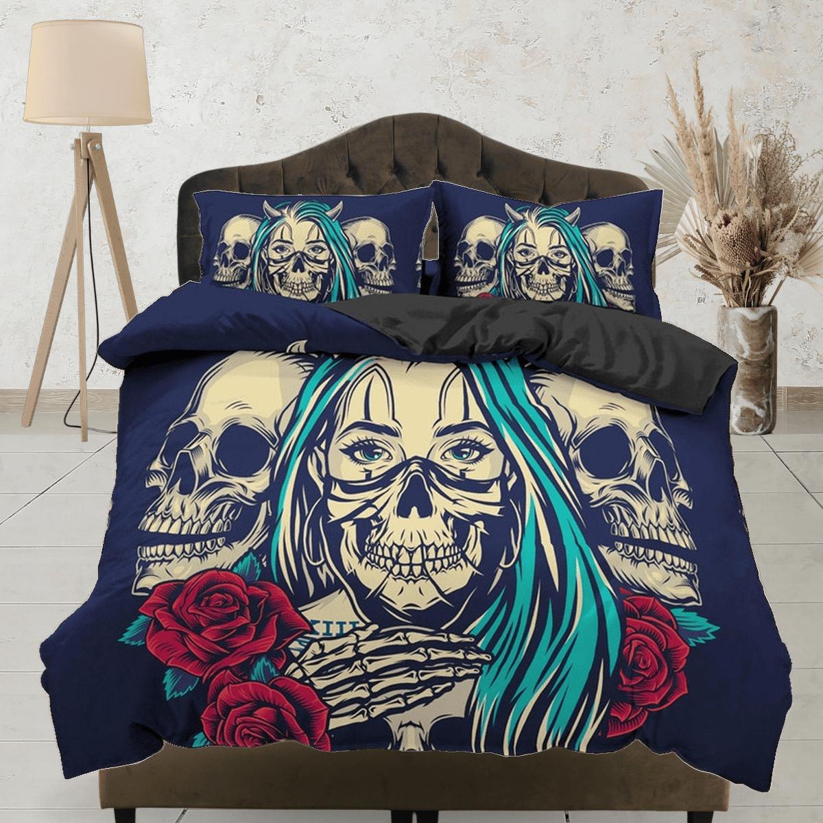 daintyduvet Halloween Bedding Skull and Roses Black Duvet Cover Set Gangster Bedspread Dorm Bedding Pillowcase Comforter Cover, Halloween Gift