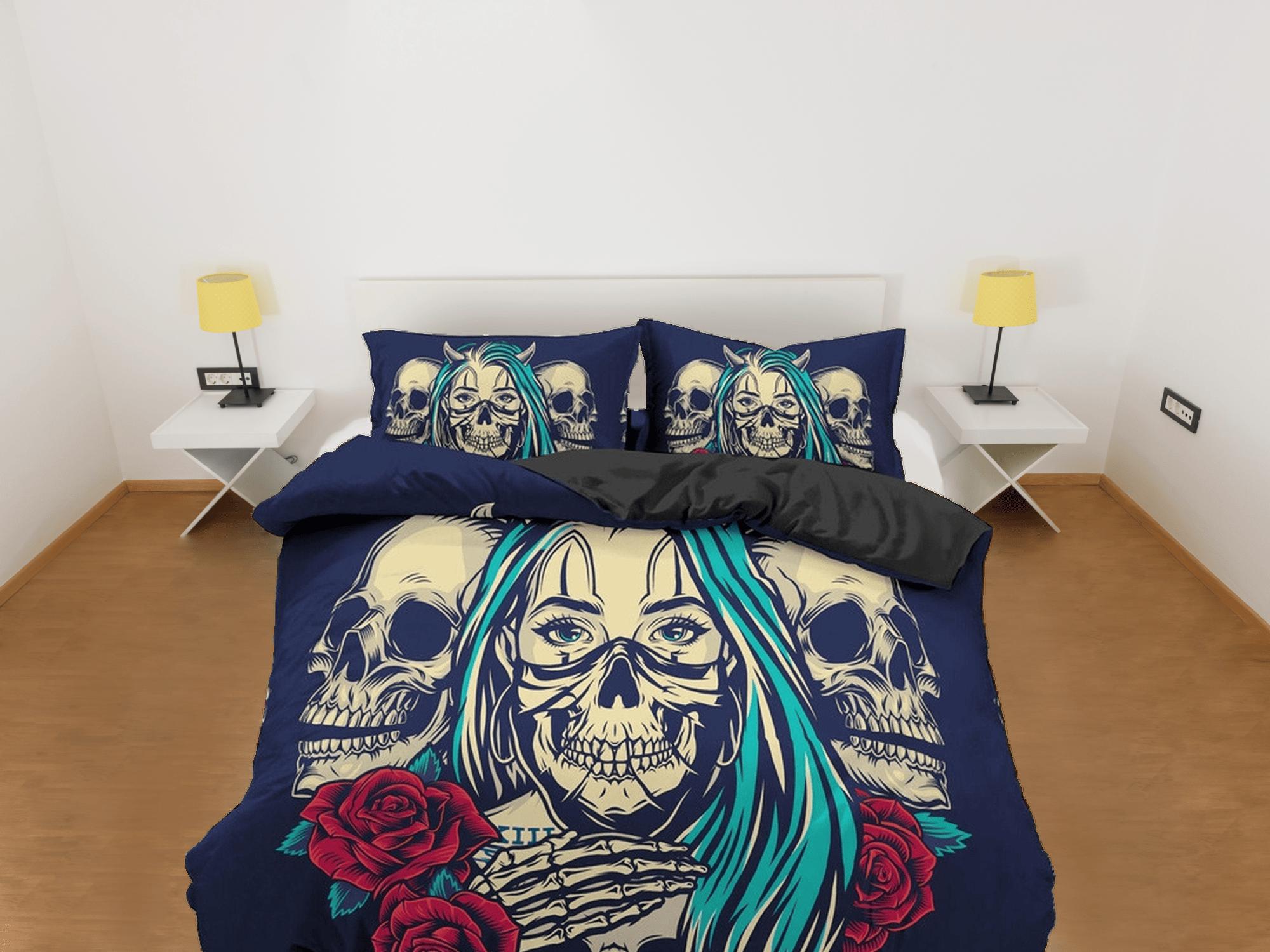 daintyduvet Halloween Bedding Skull and Roses Black Duvet Cover Set Gangster Bedspread Dorm Bedding Pillowcase Comforter Cover, Halloween Gift