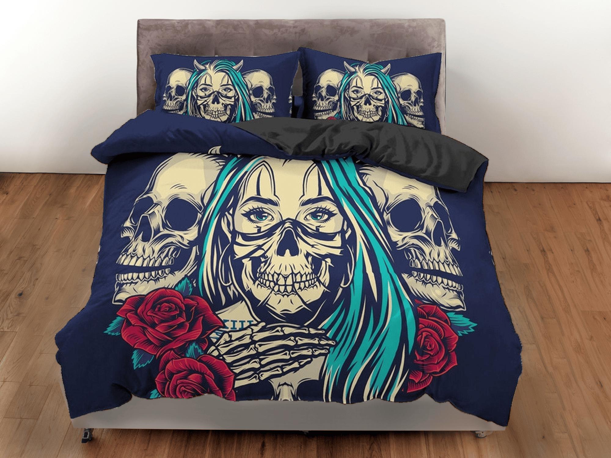 daintyduvet Halloween Bedding Skull and Roses Black Duvet Cover Set Gangster Bedspread Dorm Bedding Pillowcase Comforter Cover, Halloween Gift