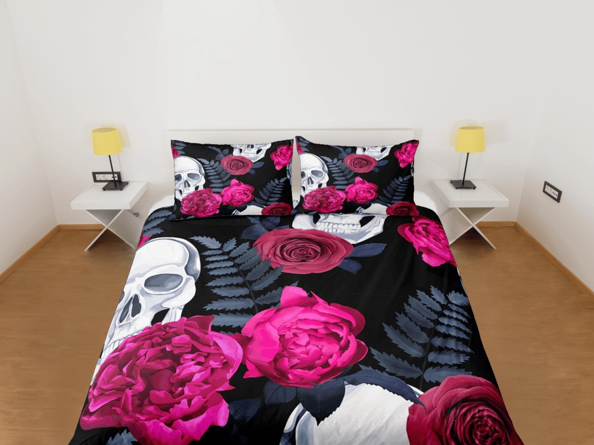 daintyduvet Halloween Bedding Skull and Roses Black Duvet Cover Set Gothic Bedspread Dorm Bedding with Pillowcase, Comforter Cover, Halloween Gift