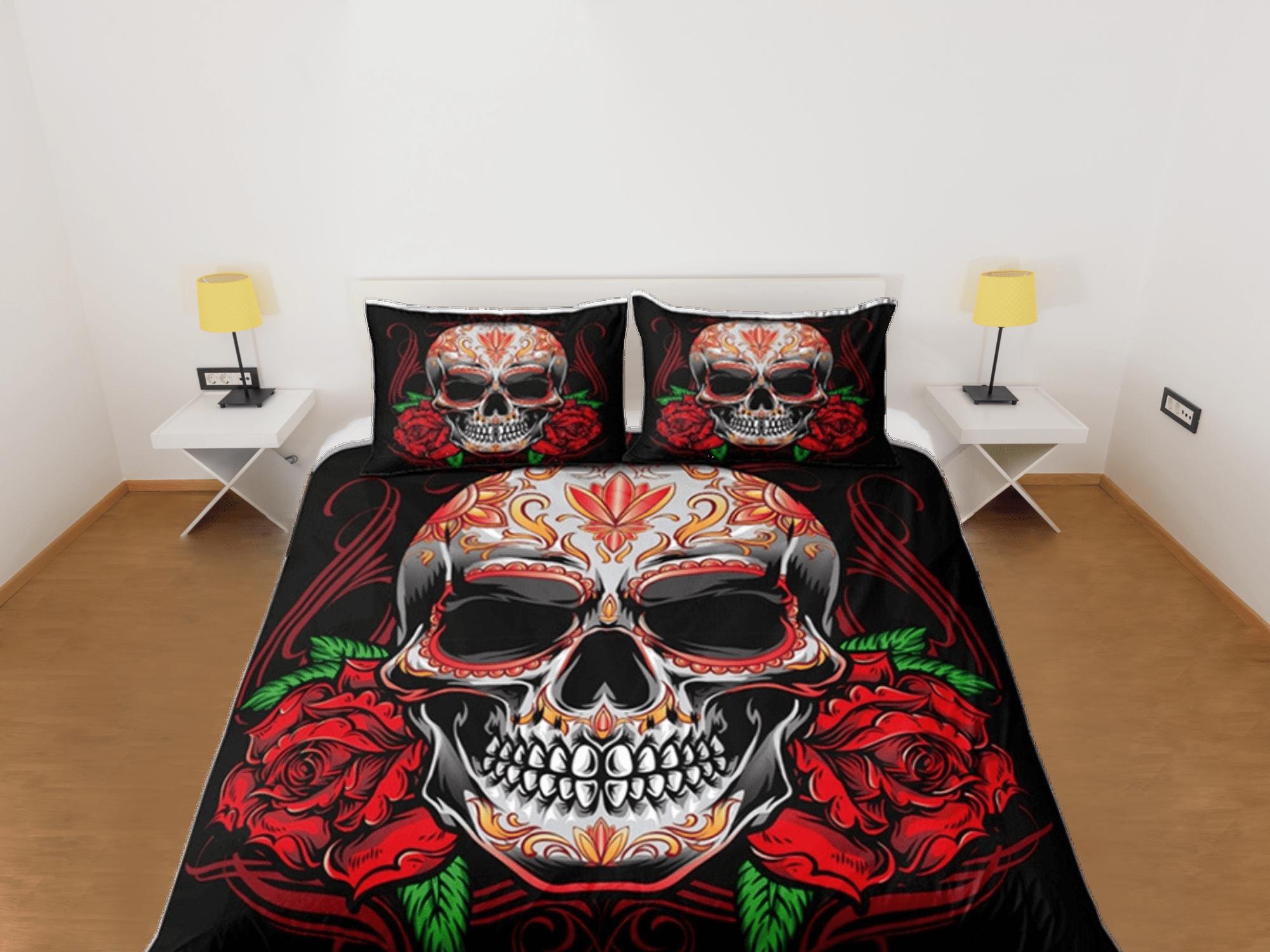 daintyduvet Halloween Bedding Skull and Roses Gothic Red Duvet Cover Set Bedspread, Dorm Bedding with Pillowcase, Halloween Gift Teens Kids Adults