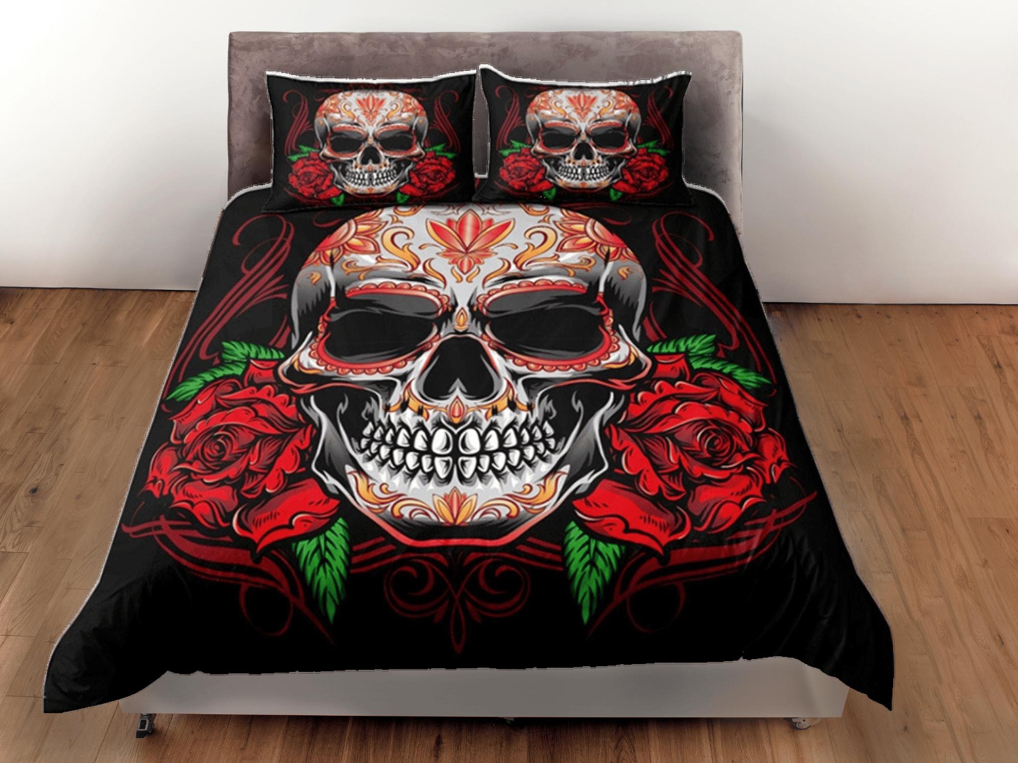 daintyduvet Halloween Bedding Skull and Roses Gothic Red Duvet Cover Set Bedspread, Dorm Bedding with Pillowcase, Halloween Gift Teens Kids Adults