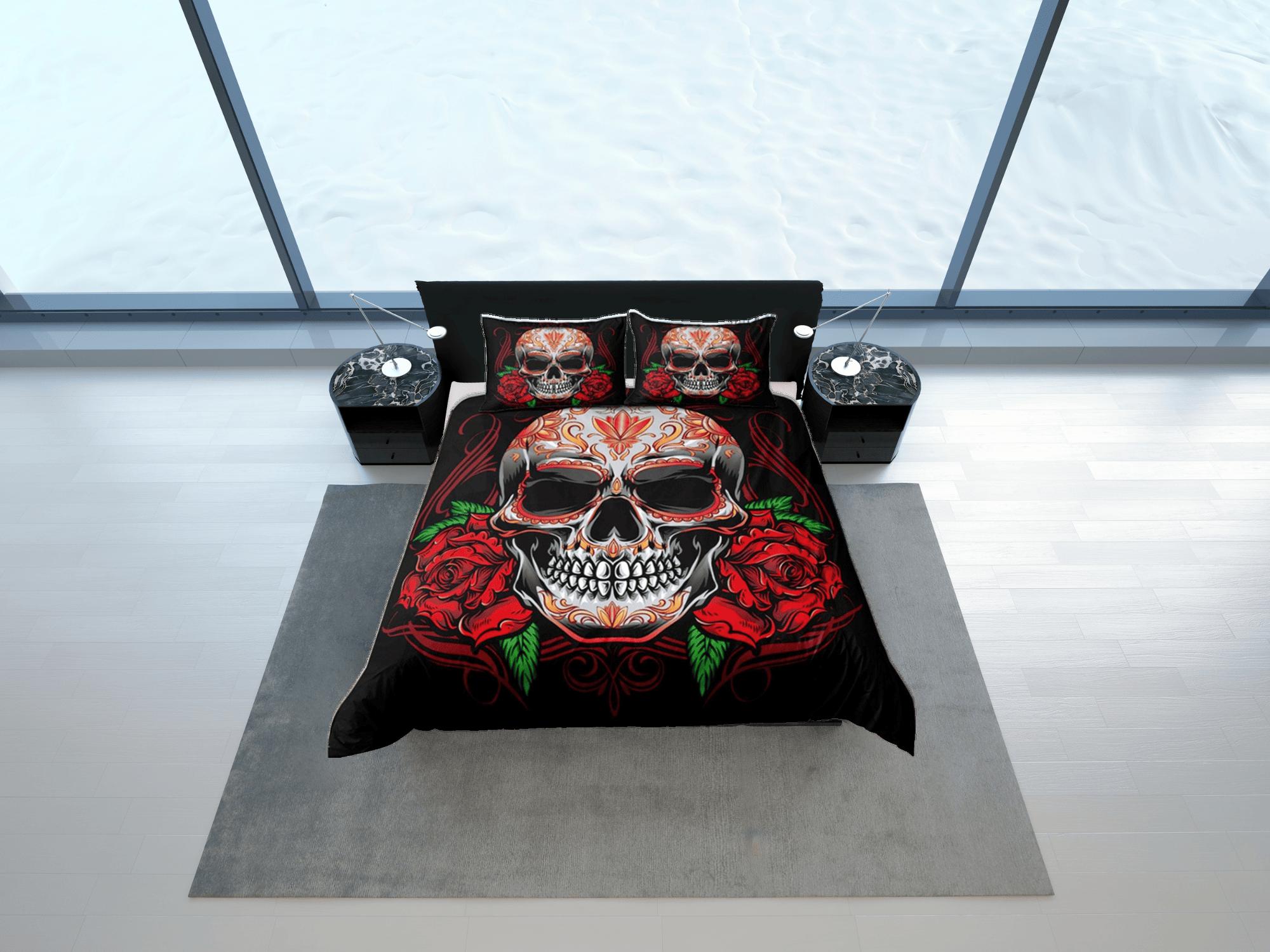 daintyduvet Halloween Bedding Skull and Roses Gothic Red Duvet Cover Set Bedspread, Dorm Bedding with Pillowcase, Halloween Gift Teens Kids Adults