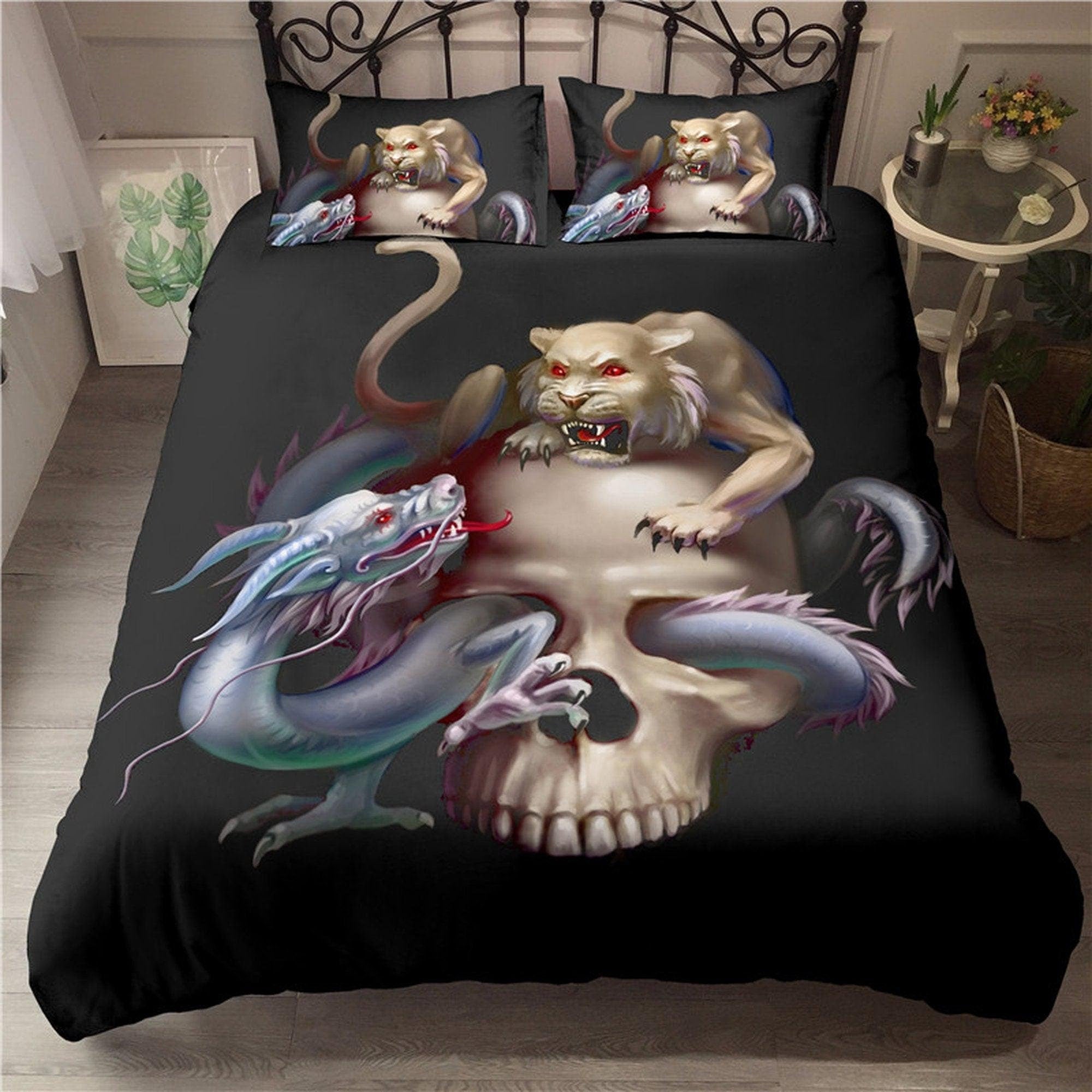 daintyduvet Halloween Bedding Skull Dragon Black Duvet Cover Set Bedspread, Dorm Bedding with Pillowcase, Halloween Gift Teens Kids Adults