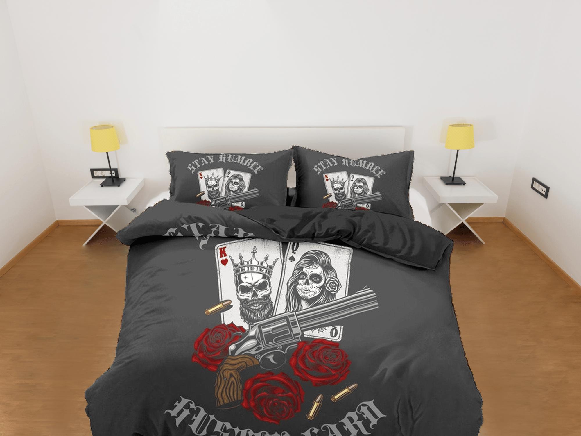 daintyduvet Halloween Bedding Skull Guns Roses Black Duvet Cover Set Gangster Bedspread Dorm Bedding, Pillowcase Comforter Cover, Halloween Gift