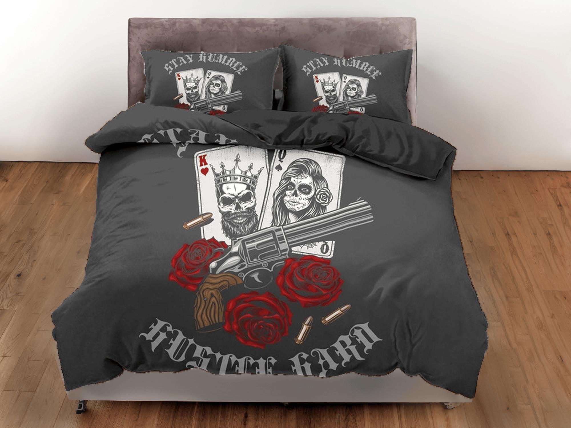 daintyduvet Halloween Bedding Skull Guns Roses Black Duvet Cover Set Gangster Bedspread Dorm Bedding, Pillowcase Comforter Cover, Halloween Gift