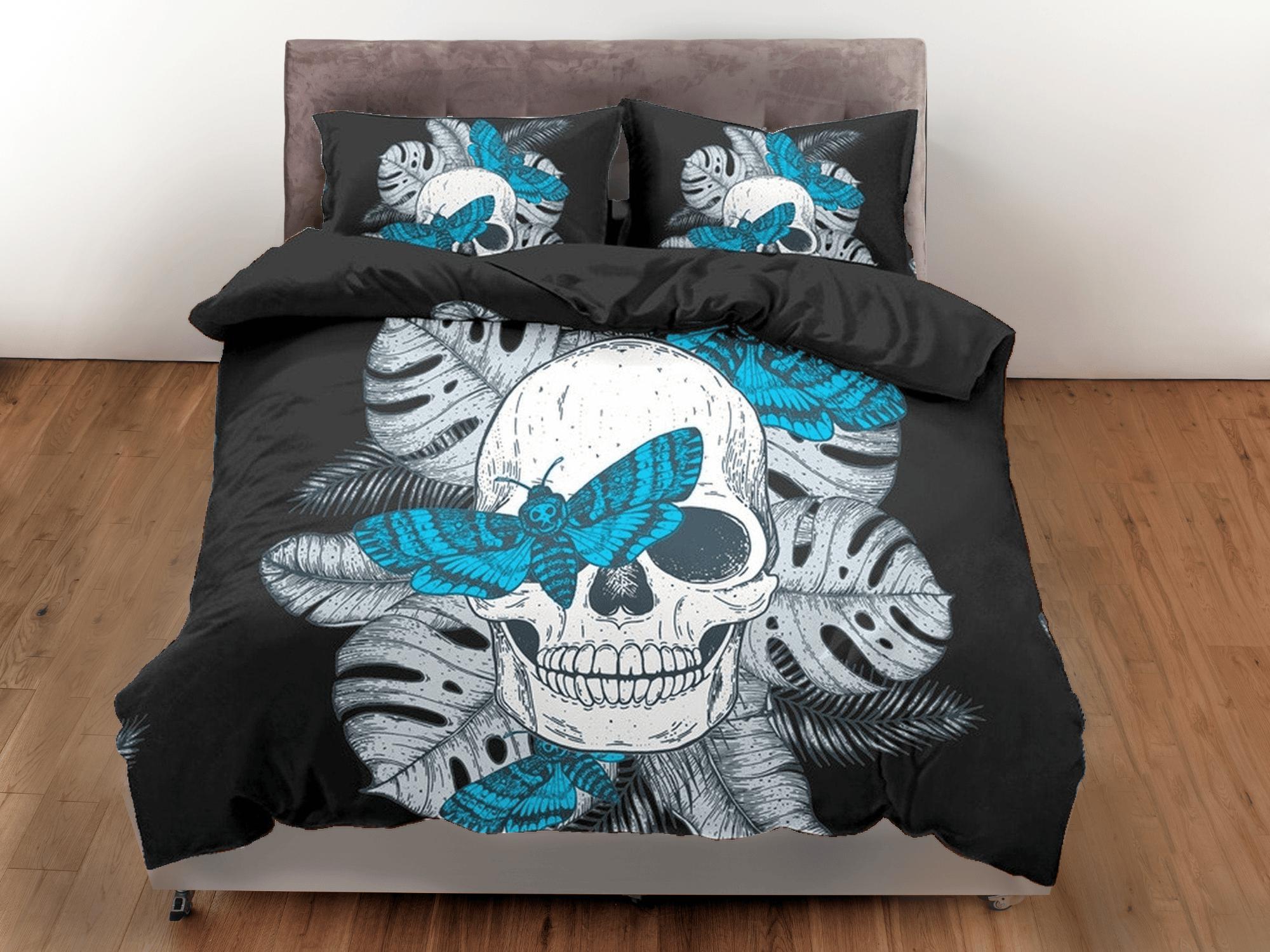 daintyduvet Halloween Bedding Skull & Moth Black Duvet Cover Set Bedspread, Dorm Bedding with Pillowcase, Halloween Gift Teens Kids Adults