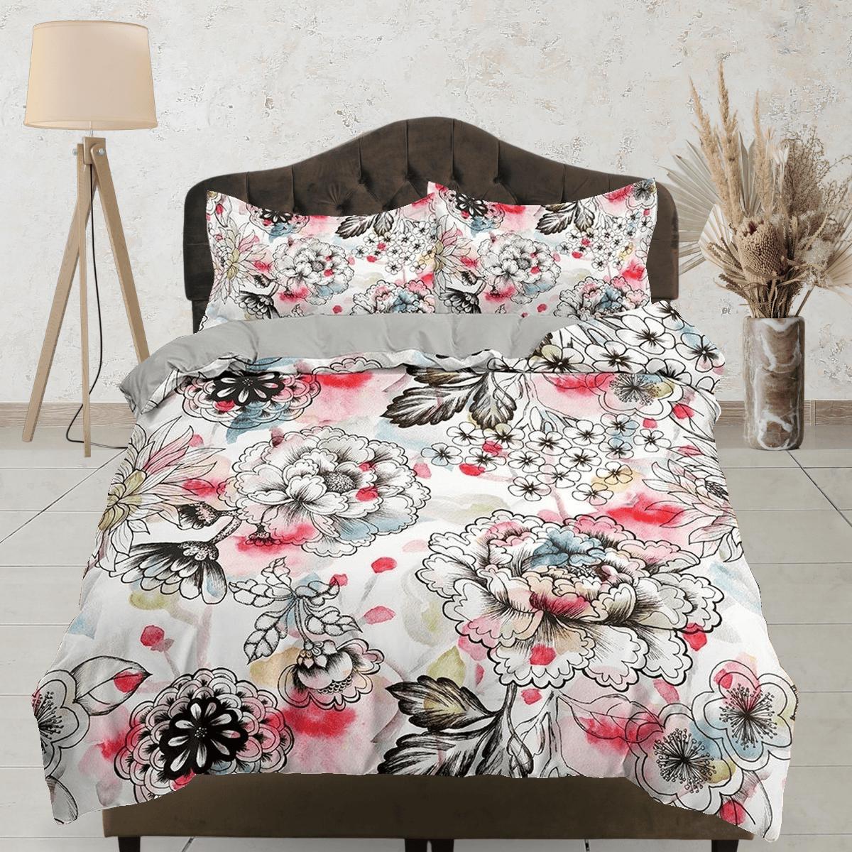 daintyduvet Hand drawn biophilic bedding, floral printed duvet cover queen, king, boho duvet, designer bedding, aesthetic bedding, maximalist decor