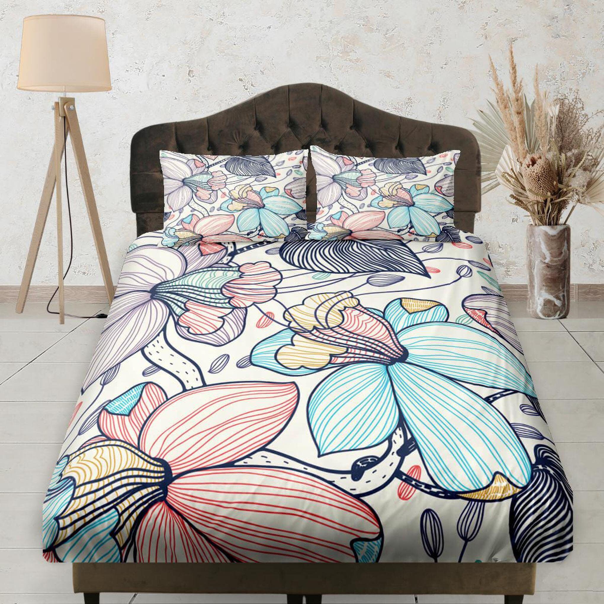 daintyduvet Hand drawn Flowers Pastel Colored Fitted Sheet, Floral Printed Boho Bedding Set Full, Dorm Bedding, Crib Sheet, Shabby Chic Bedding, Elastic