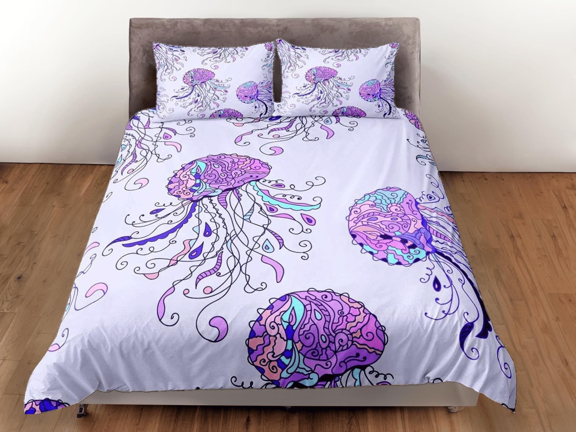 daintyduvet Hand drawn jellyfish bedding lavender purple duvet cover, ocean blush sea animal bedding set full king queen twin crib toddler, dorm bedding