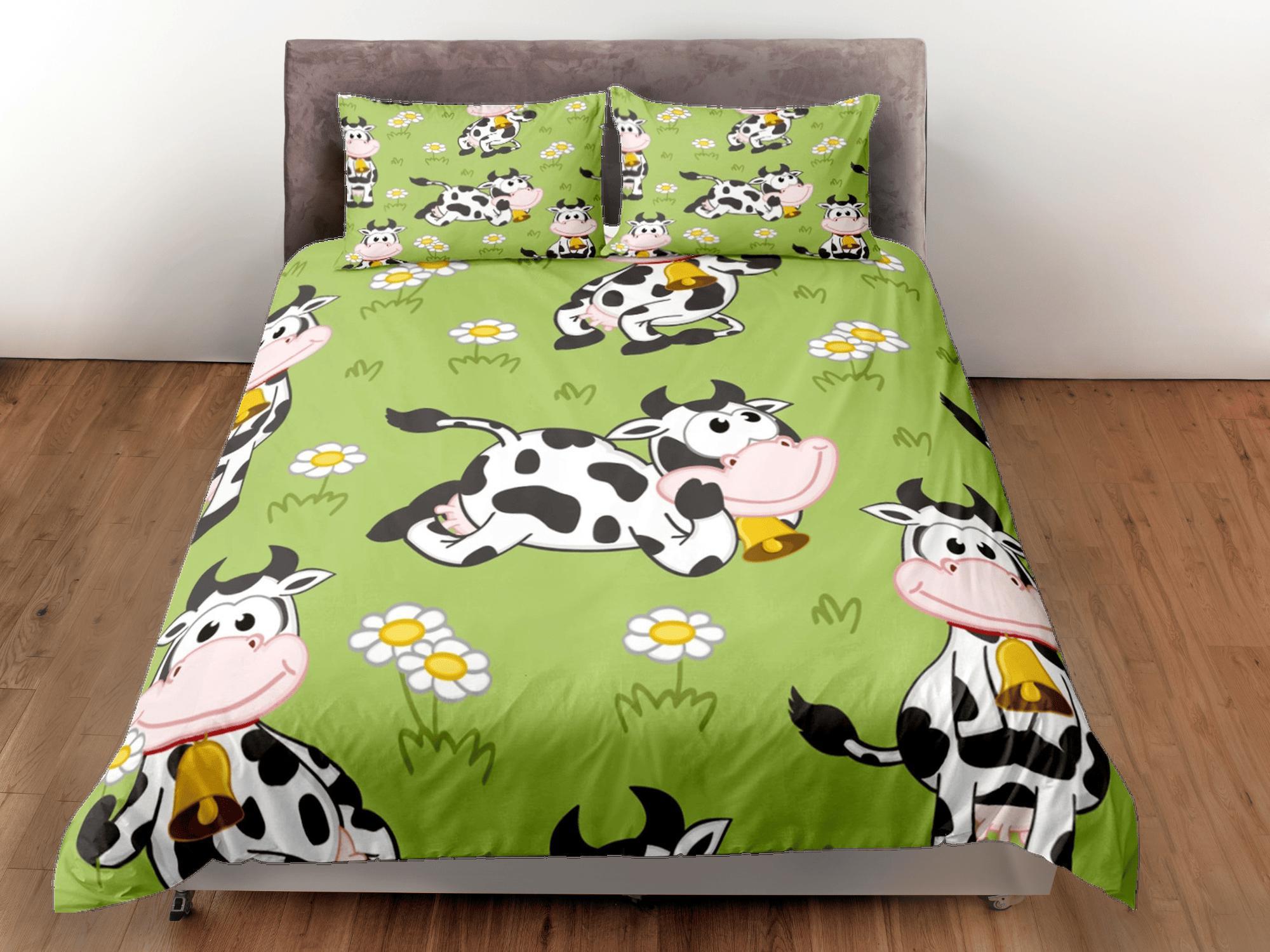 daintyduvet Happy Cow Green Duvet Cover Set Colorful Bedspread, Kids Full Bedding Set with Pillowcase, Comforter Cover Twin
