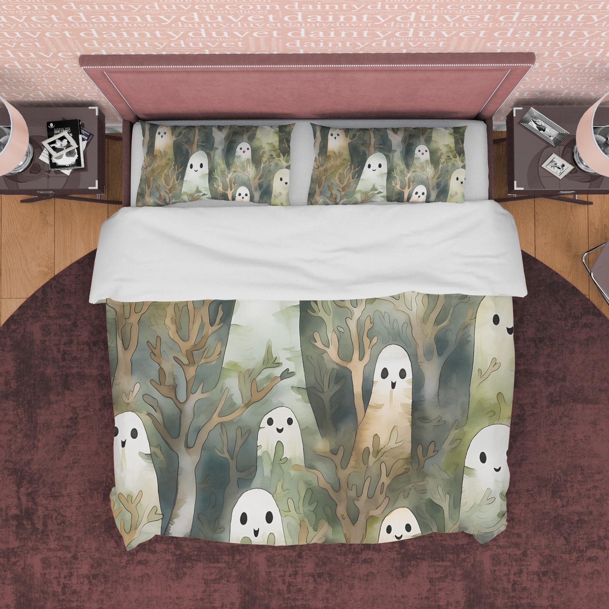 Happy Ghost Duvet Cover Set, Enchanted Forest Child's Bedroom Quilt Cover Aesthetic Zipper Bedding, Halloween Room Decor, Unique Bed Cover
