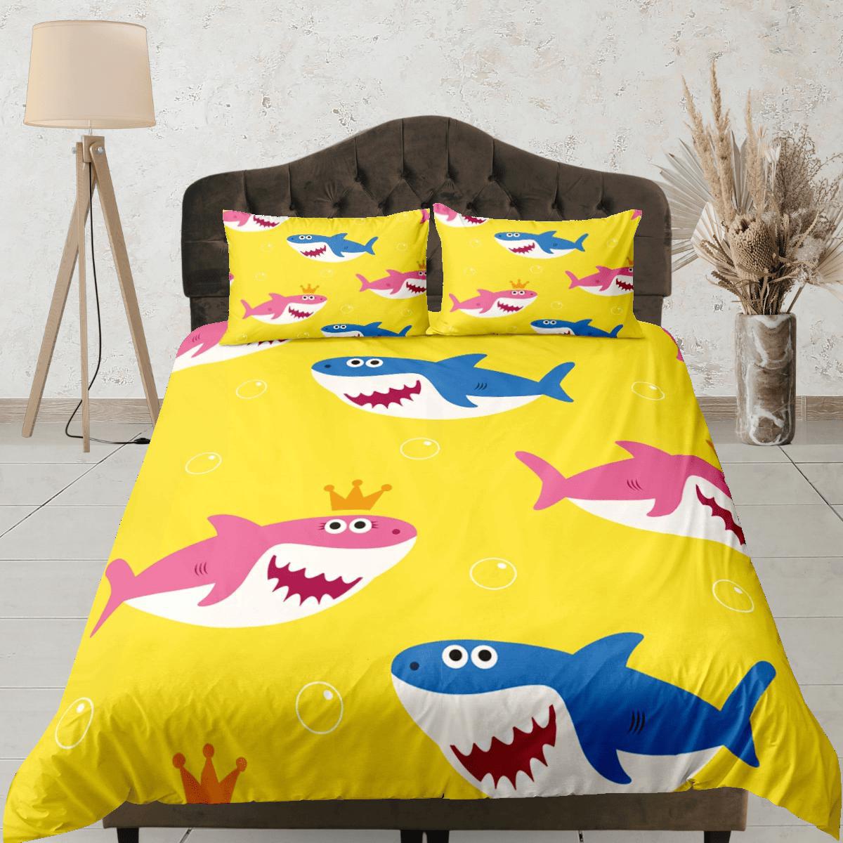 daintyduvet Happy Sharks Yellow Duvet Cover Set Colorful Bedspread, Kids Full Bedding Set with Pillowcase, Comforter Cover Twin