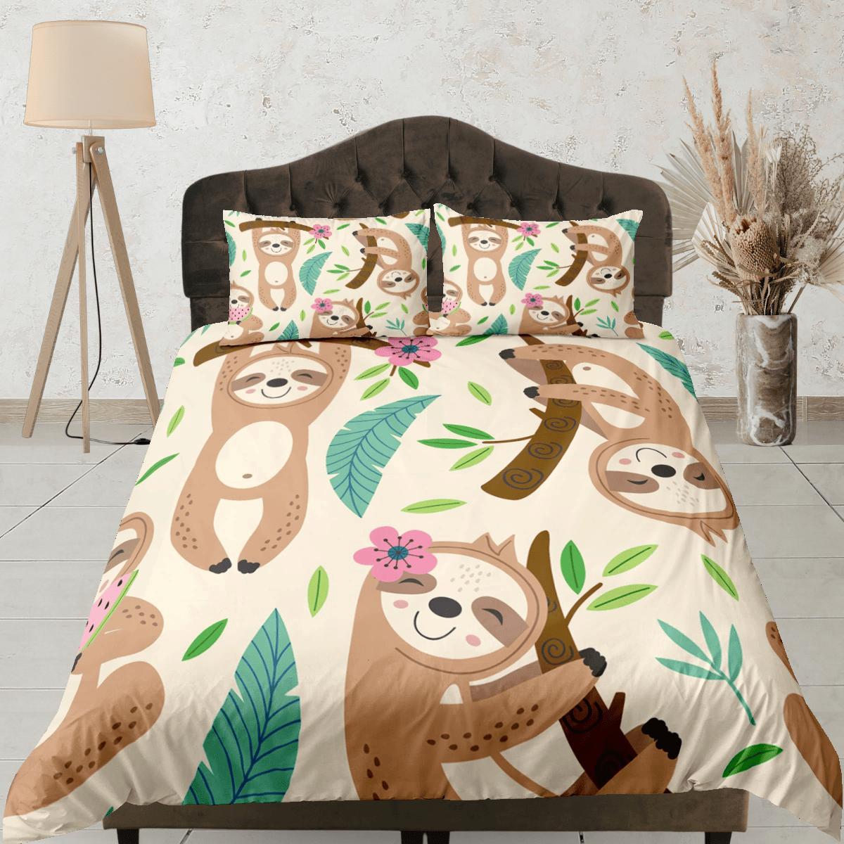 daintyduvet Happy Sloth Beige Duvet Cover Set Colorful Bedspread Kids Full Bedding Set Pillowcase Comforter Cover