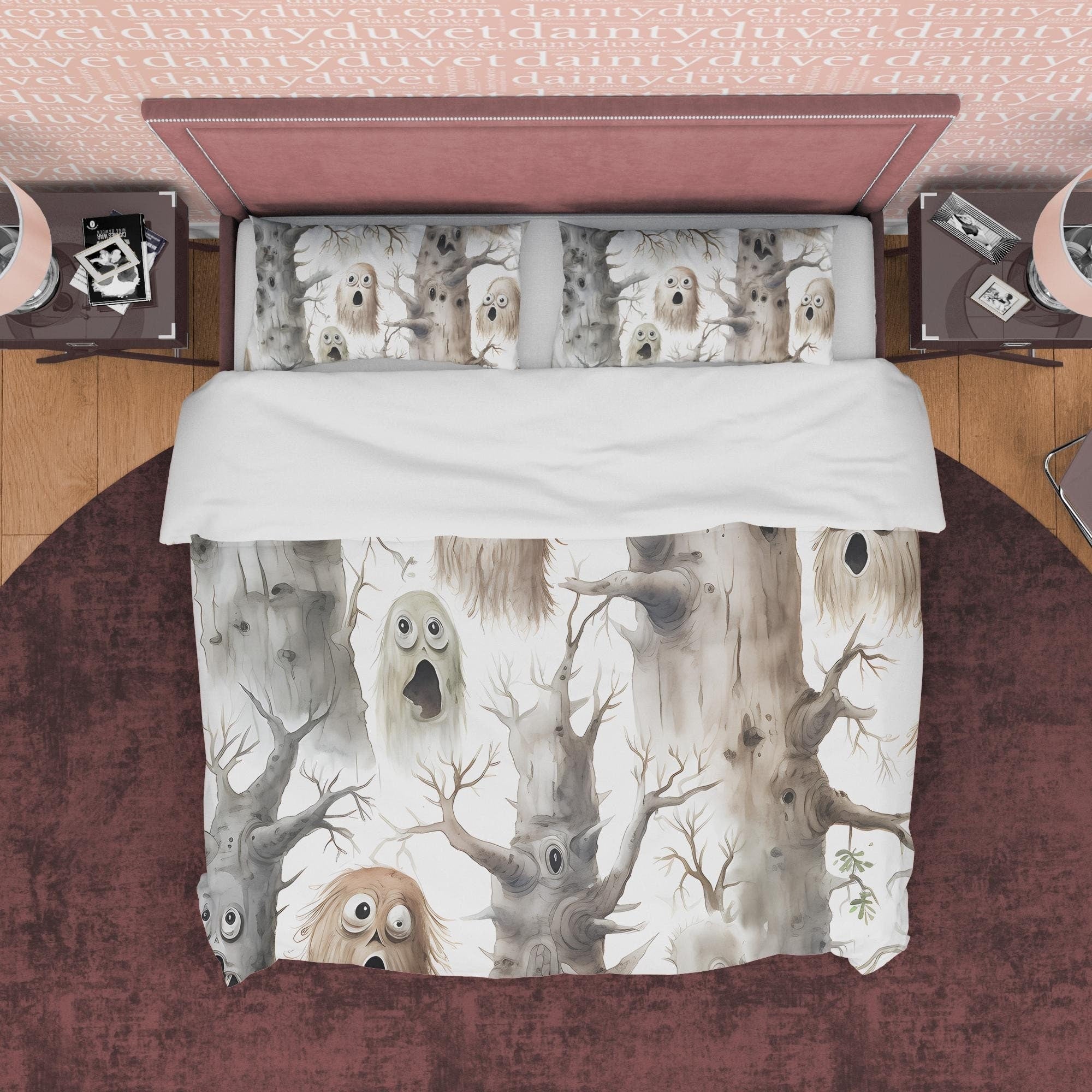 Haunted Forest Duvet Cover Set, Scary Tree Ghost Blanket Cover Aesthetic Zipper Bedding, Halloween Room Decor, White Spooky Print Bed Set