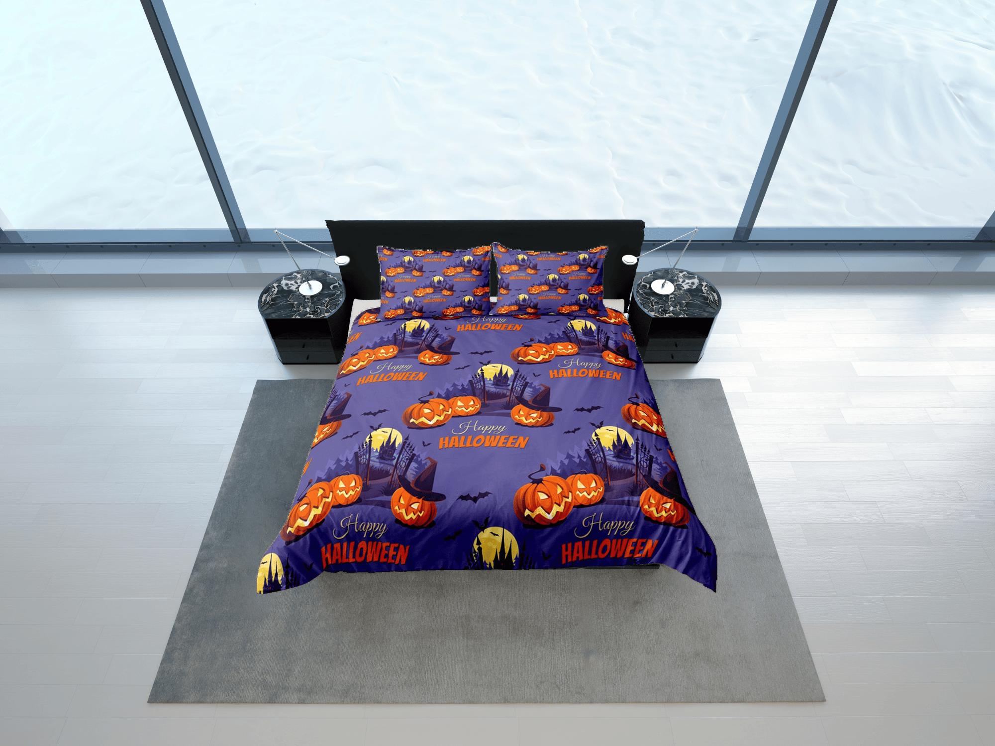 daintyduvet Haunted house full moon pumpkin halloween bedding & pillowcase, periwinkle purple duvet cover, dorm bedding, toddler bedding, halloween gift