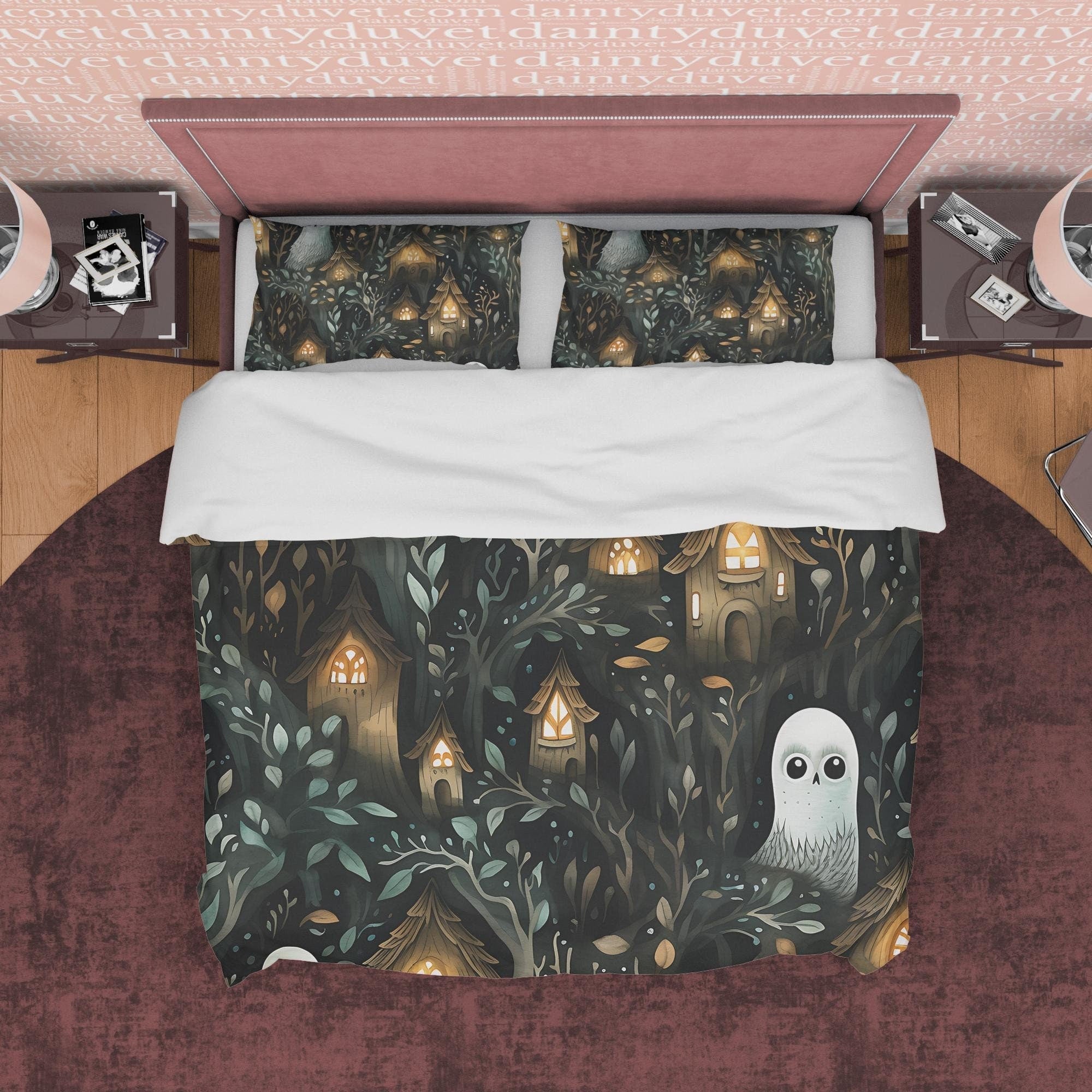 Haunted House Toddler Room Duvet Cover Set, Midnight Ghost Quilt Cover Aesthetic Zipper Bedding, Halloween Room Decor, Scary Forest Bedding