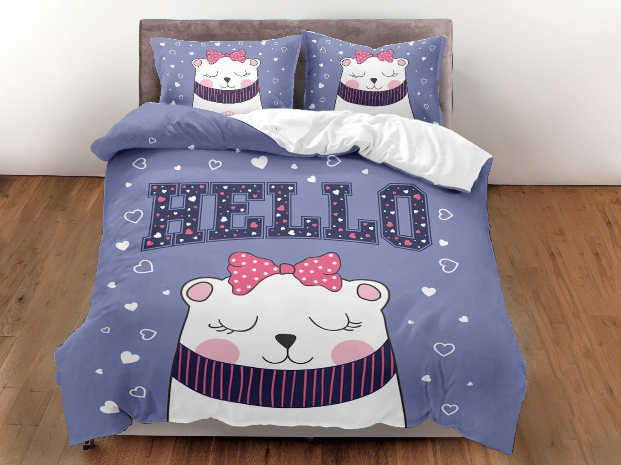daintyduvet Hello cat bedding purple, toddler bedding, kids duvet cover set, gift for cat lovers, baby bedding, baby shower gift, white cat