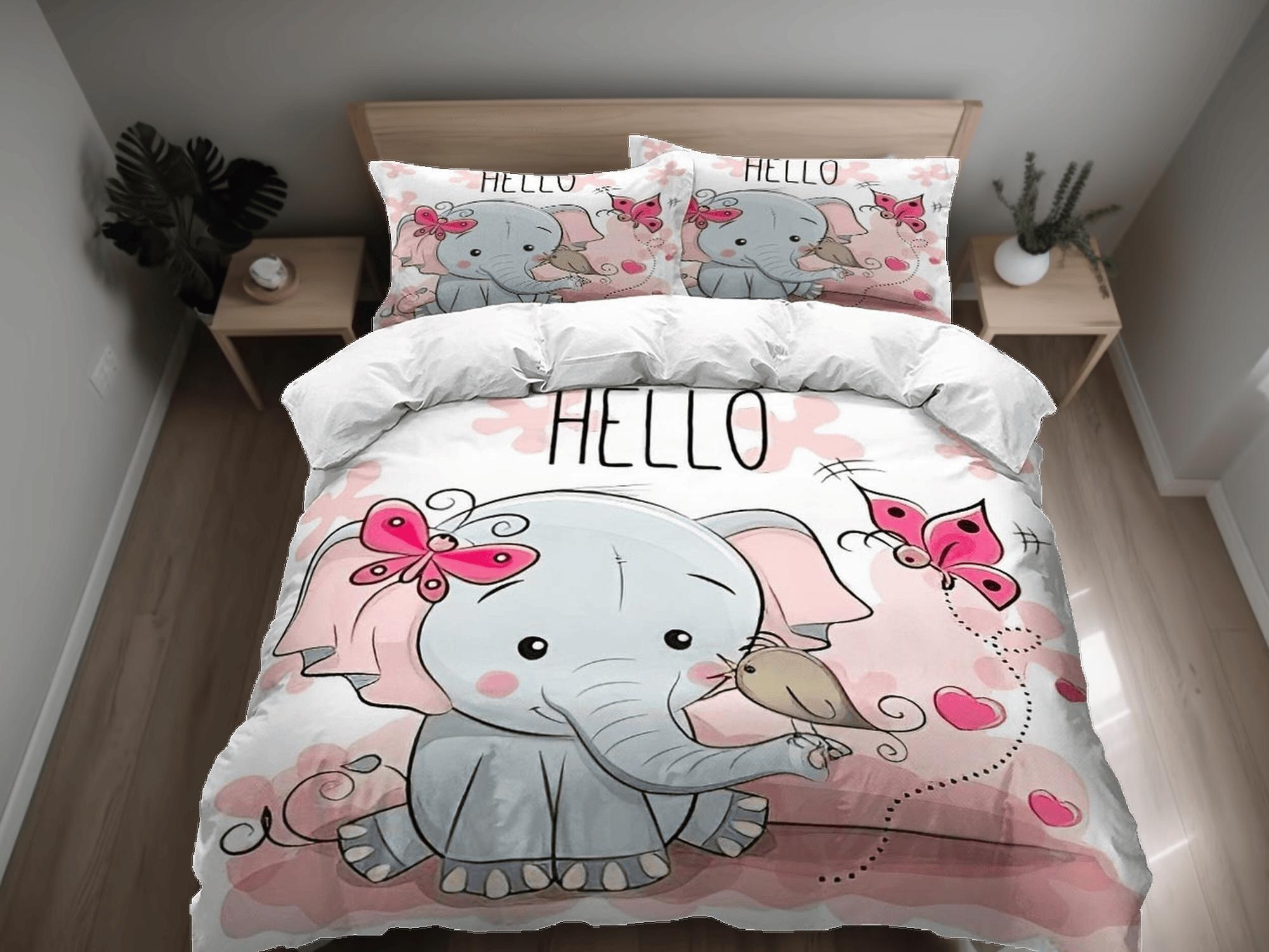 daintyduvet Hello elephant bedding cute duvet cover set, kids bedding full, nursery bed decor, elephant baby shower, girl toddler bedding