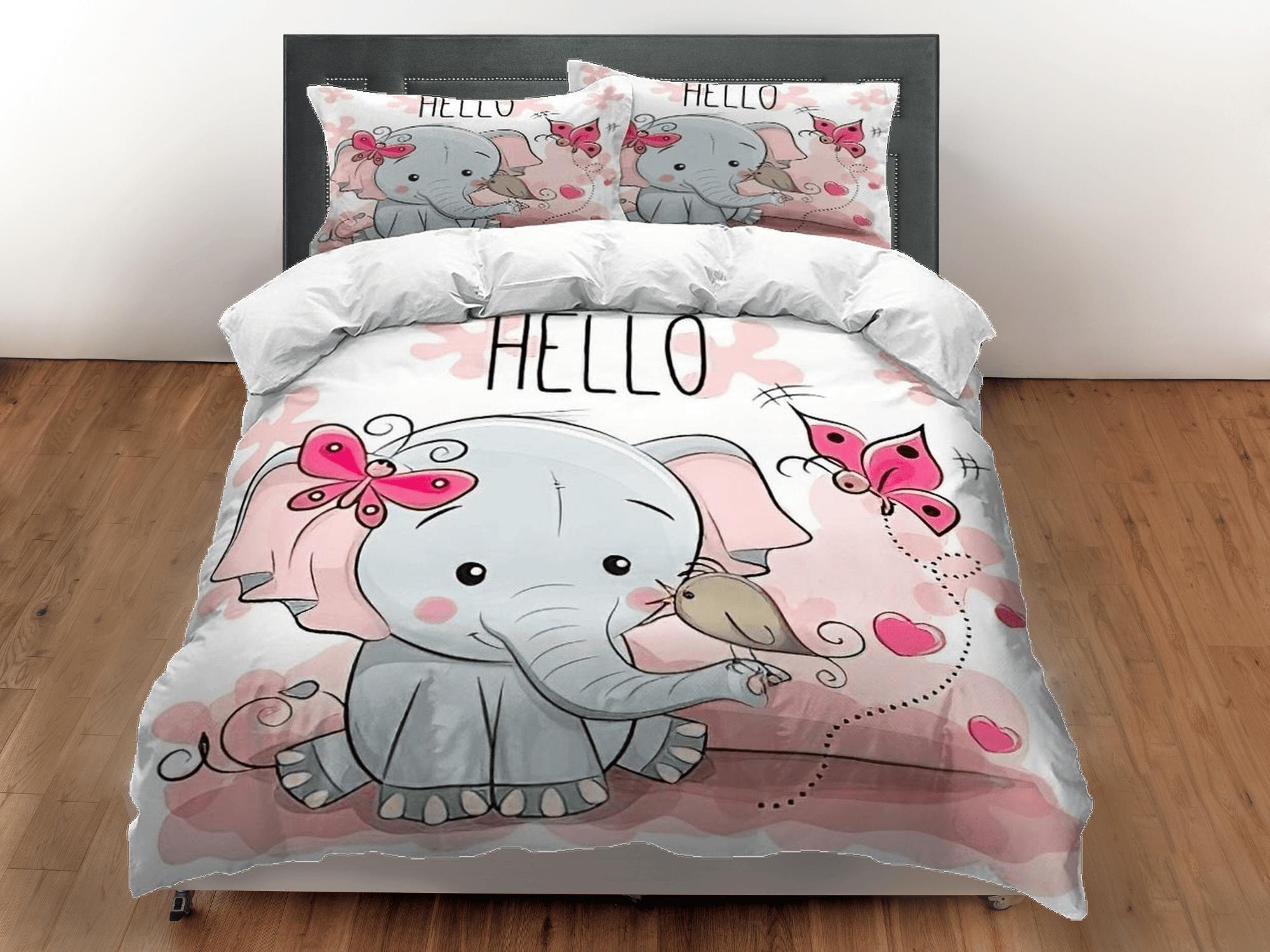 daintyduvet Hello elephant bedding cute duvet cover set, kids bedding full, nursery bed decor, elephant baby shower, girl toddler bedding