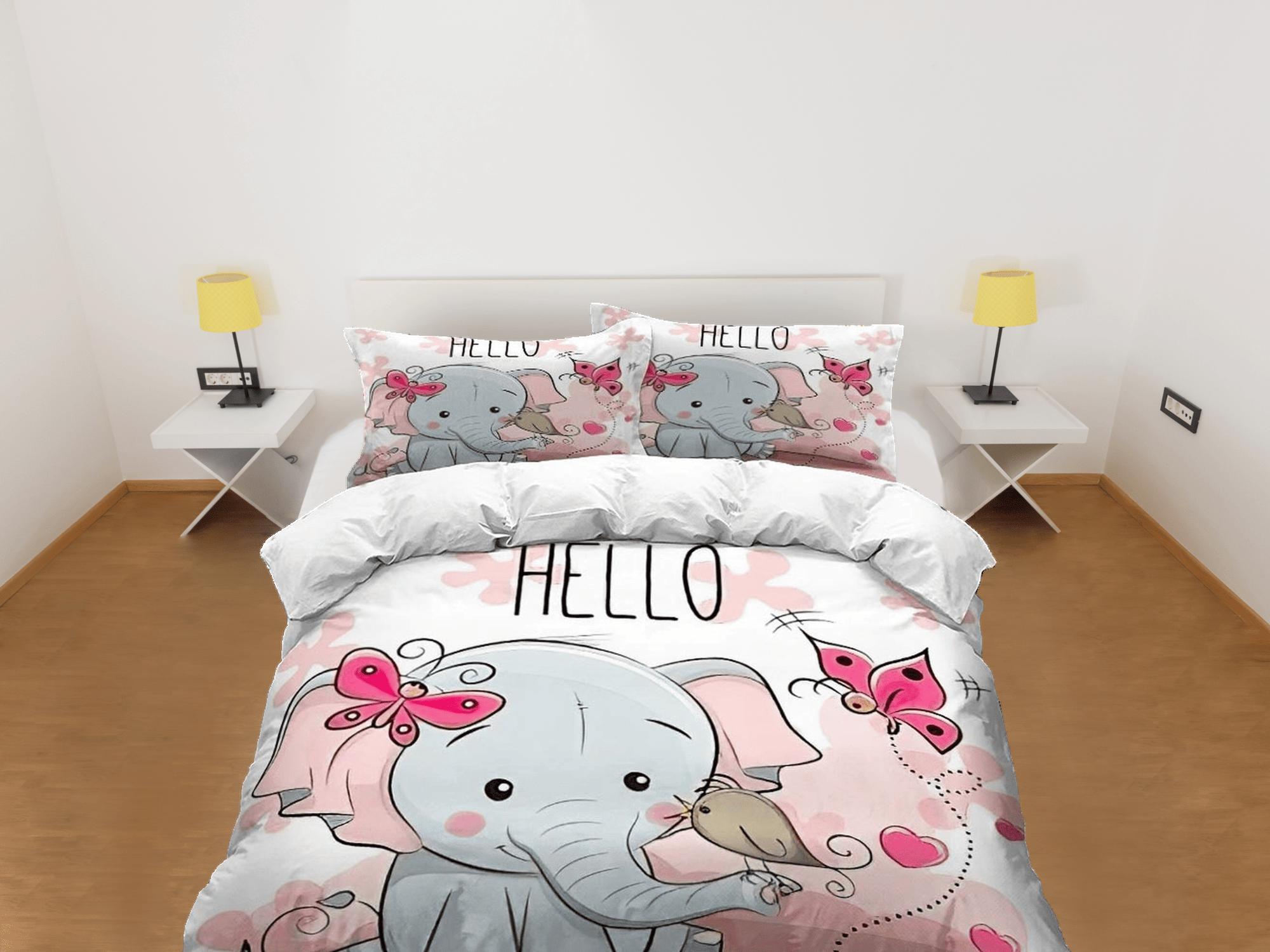 daintyduvet Hello elephant bedding cute duvet cover set, kids bedding full, nursery bed decor, elephant baby shower, girl toddler bedding