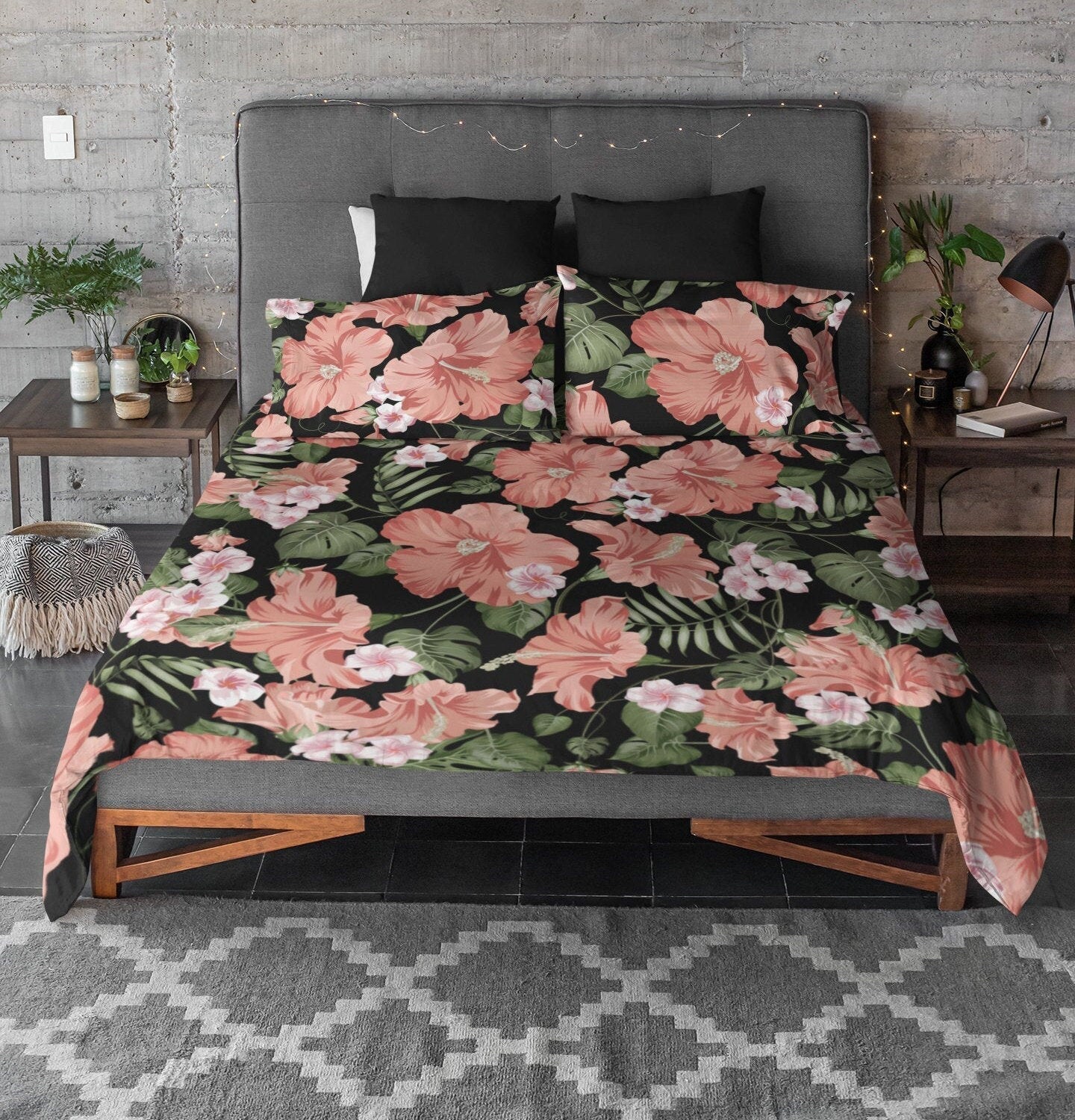 daintyduvet Hibiscus Duvet Cover Set with Cherry Blossoms Flowers | Floral Bedding Set