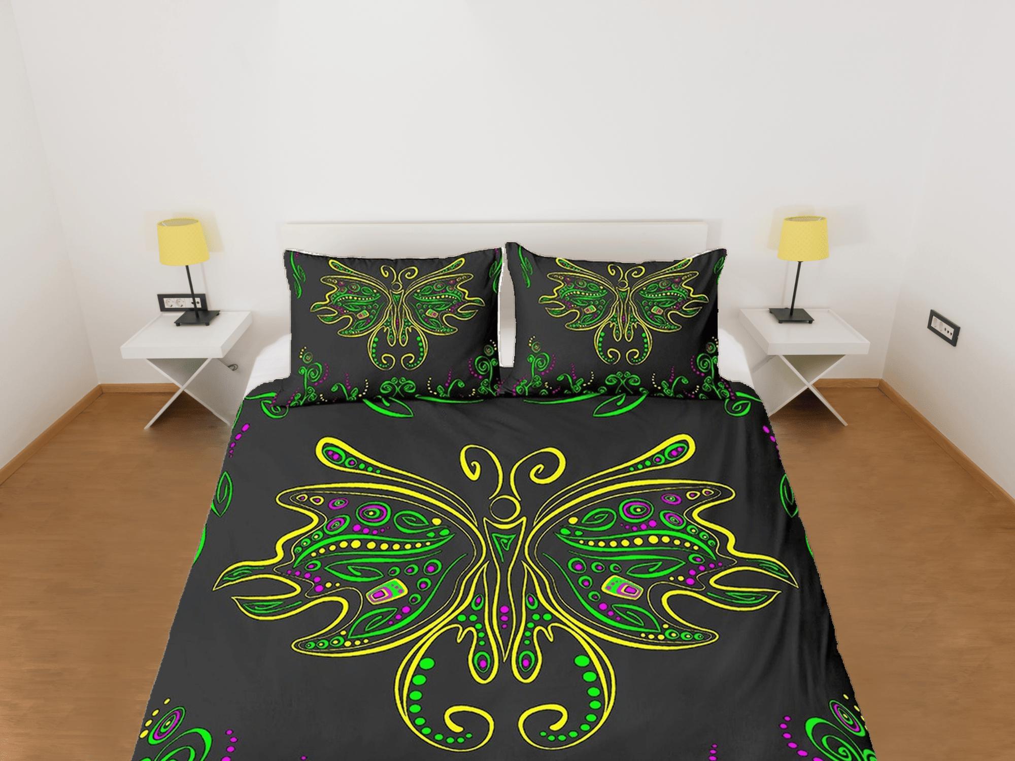 daintyduvet Hippie bedding luna moth green witchy decor dorm bedding, aesthetic duvet, boho bedding set full king queen, tattoo design, black bedspread
