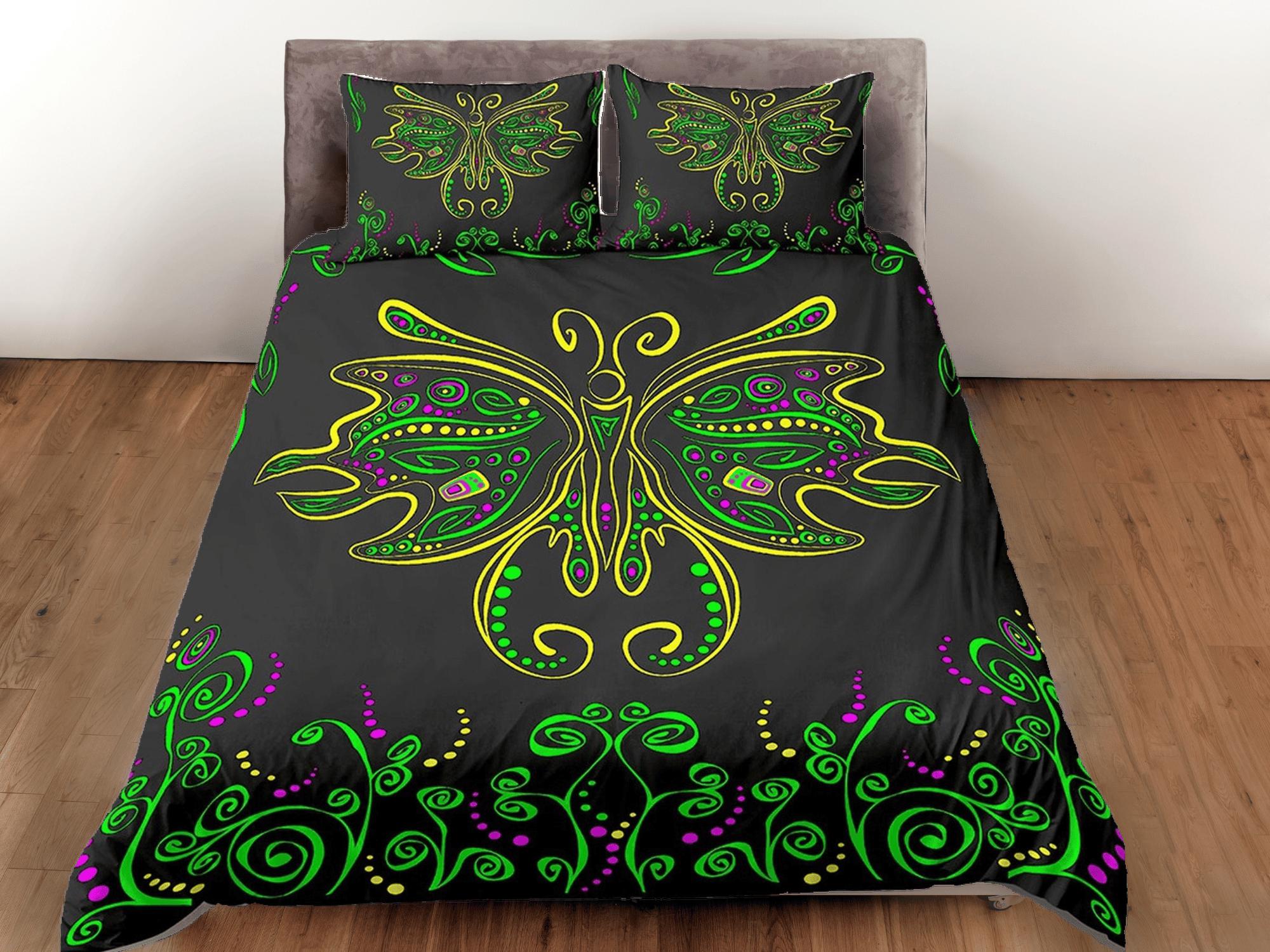 daintyduvet Hippie bedding luna moth green witchy decor dorm bedding, aesthetic duvet, boho bedding set full king queen, tattoo design, black bedspread