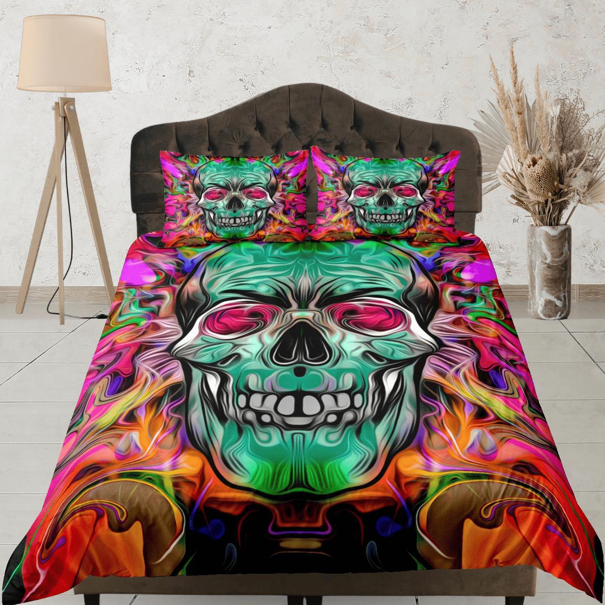 daintyduvet Hippie Neon Colors Duvet Cover Set Colorful Skull Bedspread, Dorm Bedding Pillowcase
