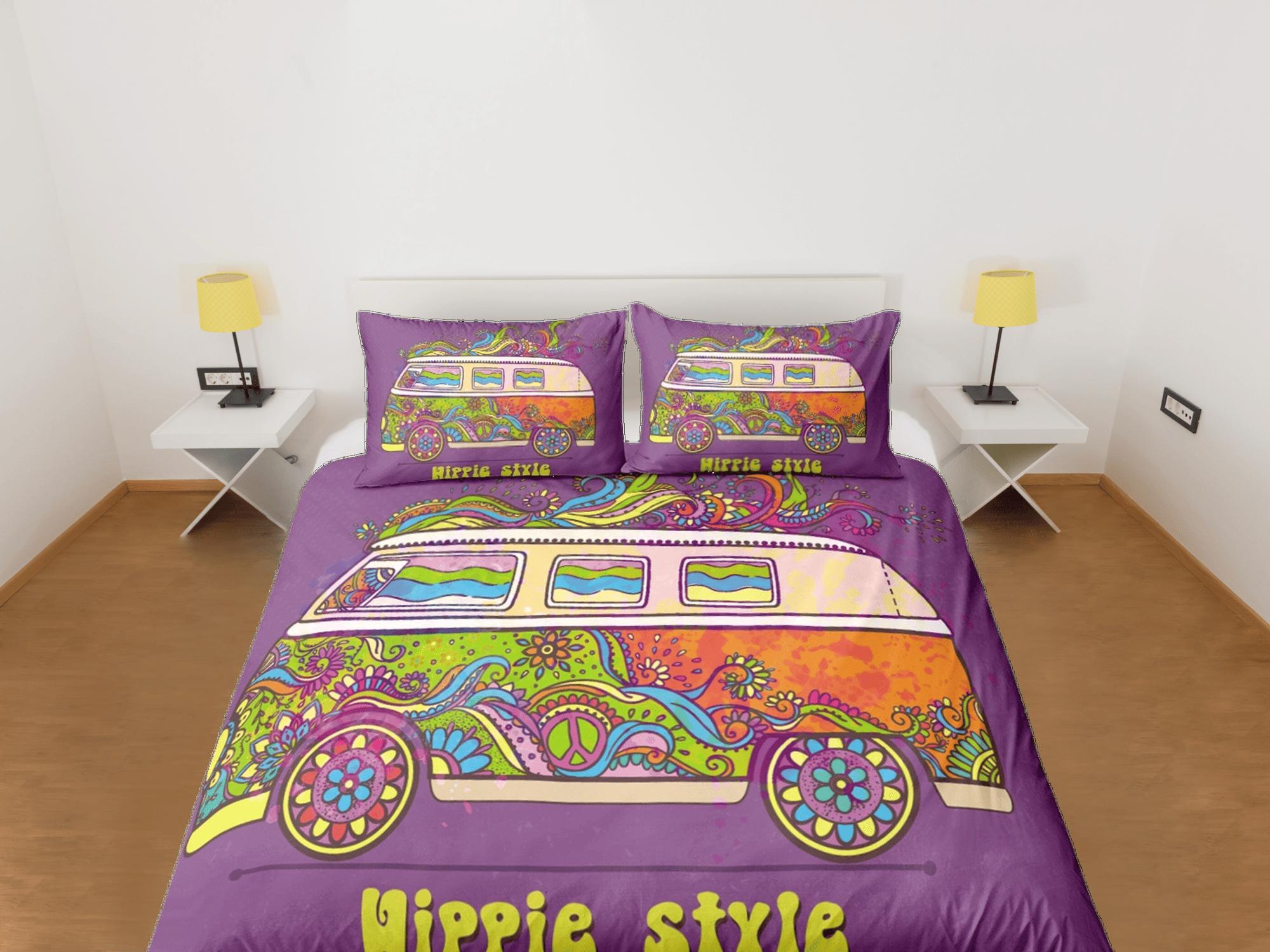 daintyduvet Hippie style colorful bus 90s nostalgia purple bedding retro duvet cover set, colorful bedding teens and adult duvet cover, maximalist decor