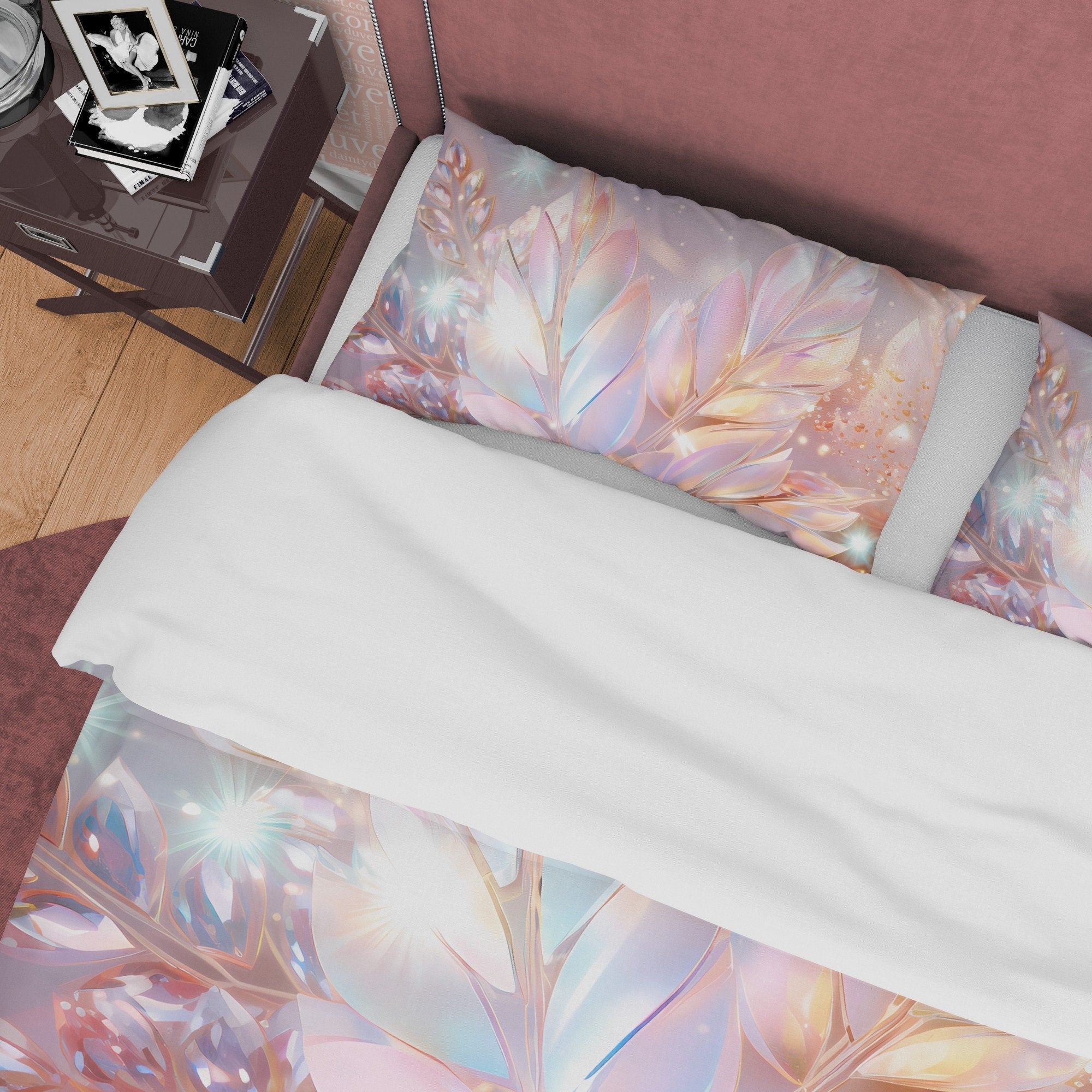 Holographic Botanical Glass Like Plant  Bedding Set Boho Duvet Cover, Leaf Quilt Cover, Moonstone Inspired Bedspread, Galaxy Opal Bed Cover